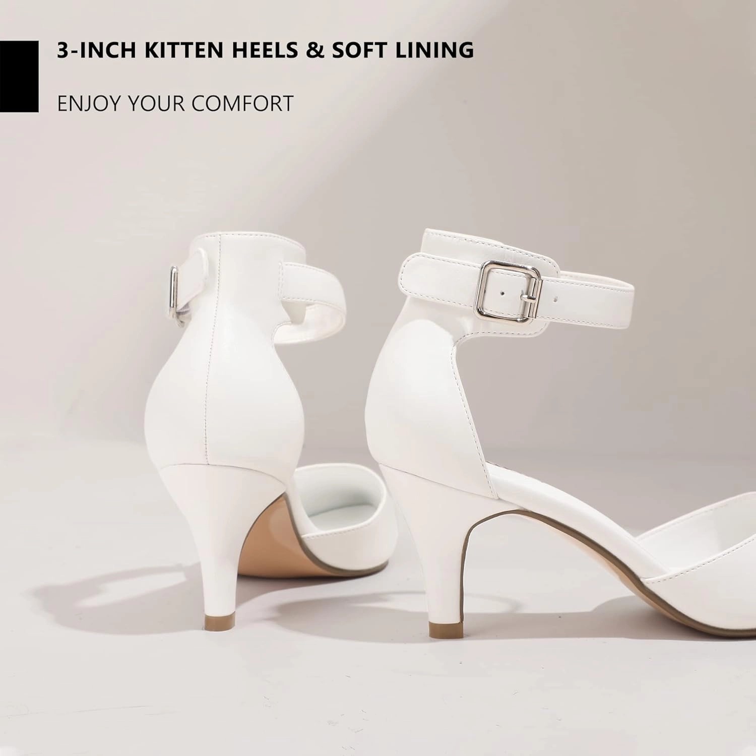 IDIFU Women's IN3 D'Orsay Pumps Low Kitten Heels for Women Dress Shoes Pointed Closed Toe Wedding Bride Ankle Strap Dressy Silver Black Nude White Gold Heels for Women