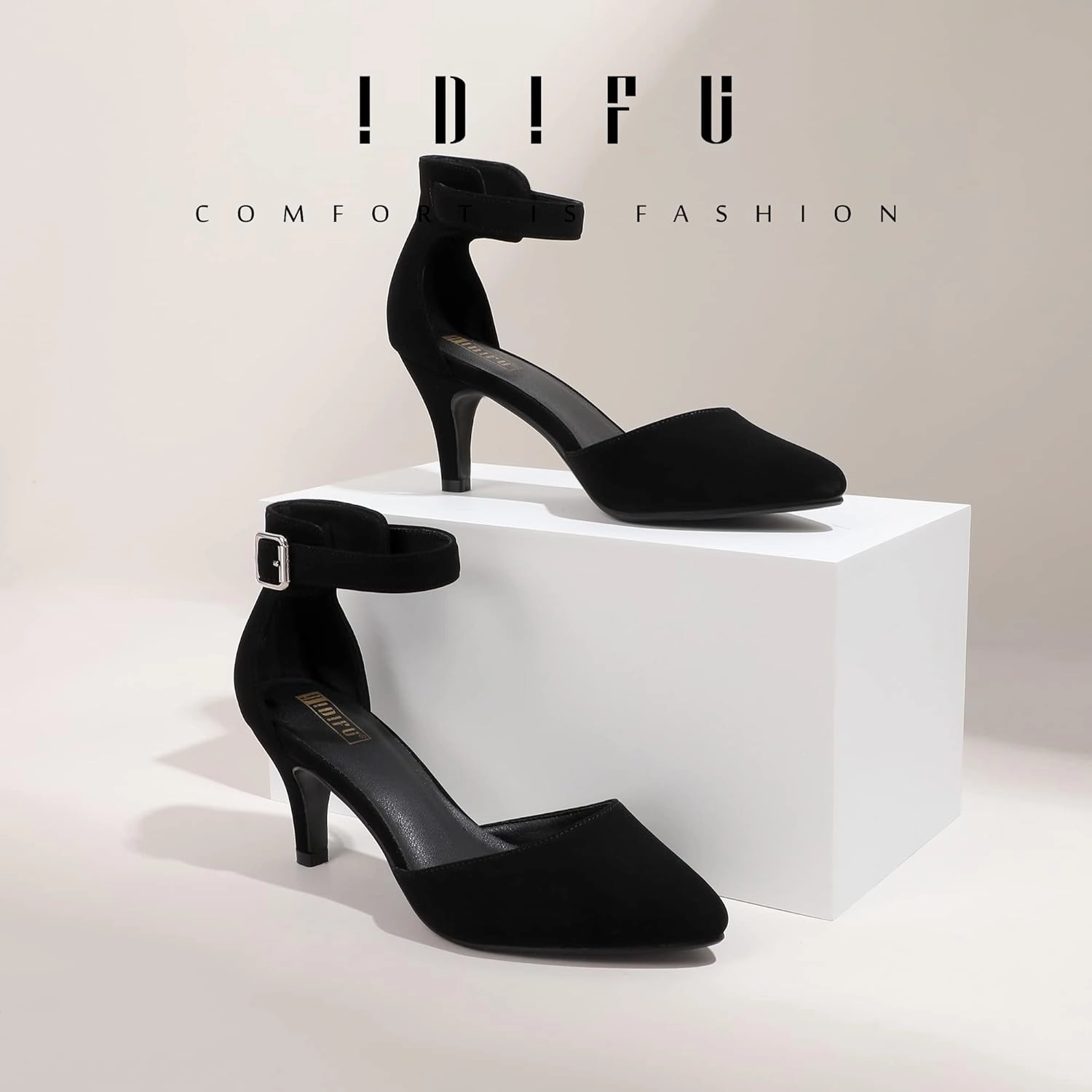 IDIFU Women's IN3 D'Orsay Pumps Low Kitten Heels for Women Dress Shoes Pointed Closed Toe Wedding Bride Ankle Strap Dressy Silver Black Nude White Gold Heels for Women