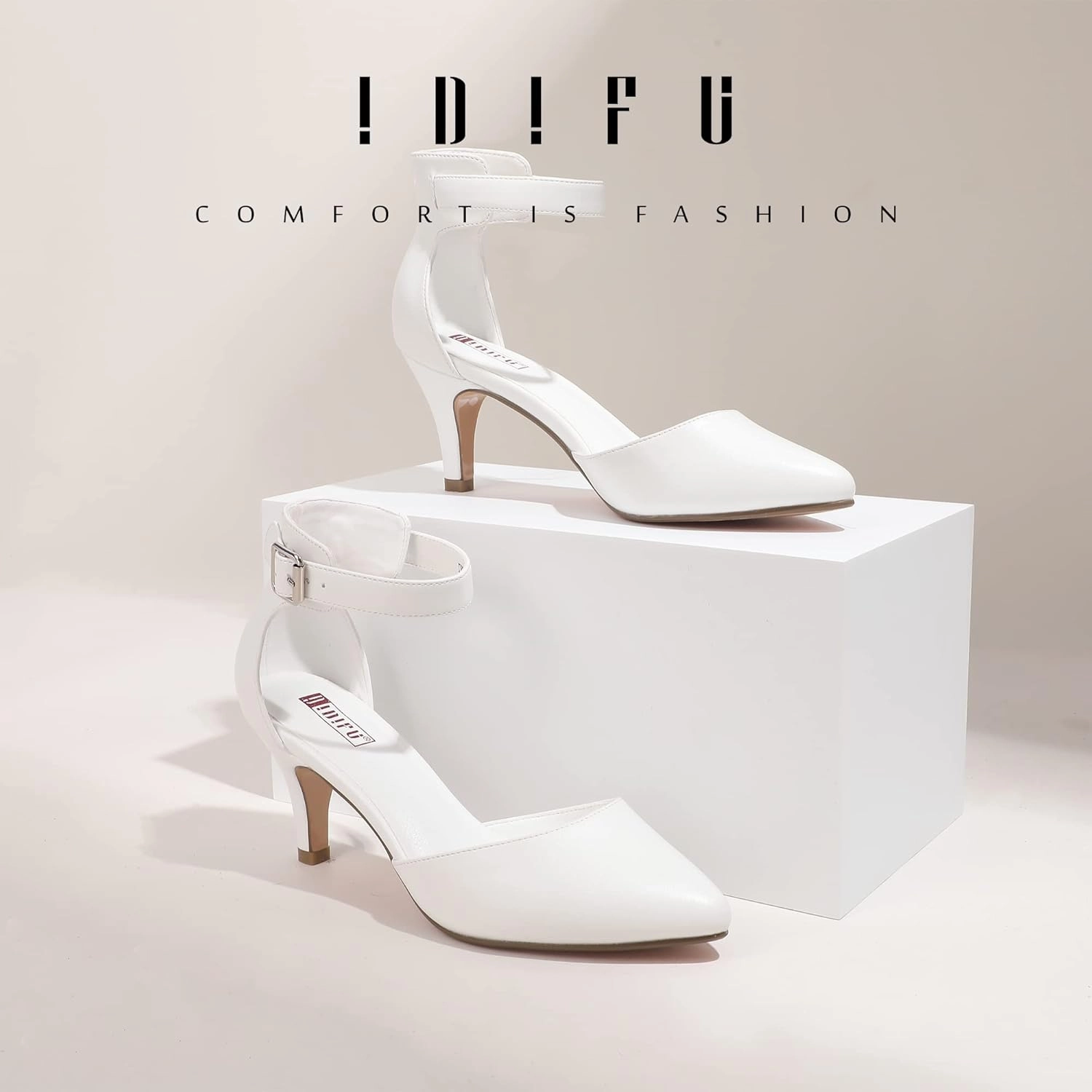 IDIFU Women's IN3 D'Orsay Pumps Low Kitten Heels for Women Dress Shoes Pointed Closed Toe Wedding Bride Ankle Strap Dressy Silver Black Nude White Gold Heels for Women