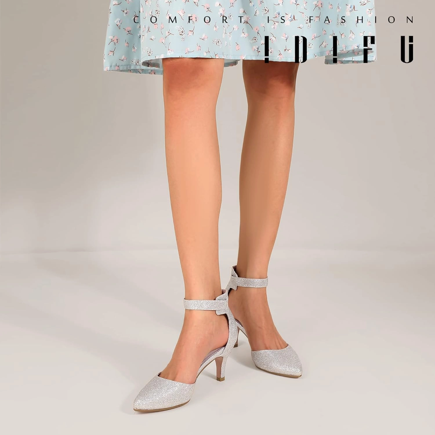 IDIFU Women's IN3 D'Orsay Pumps Low Kitten Heels for Women Dress Shoes Pointed Closed Toe Wedding Bride Ankle Strap Dressy Silver Black Nude White Gold Heels for Women