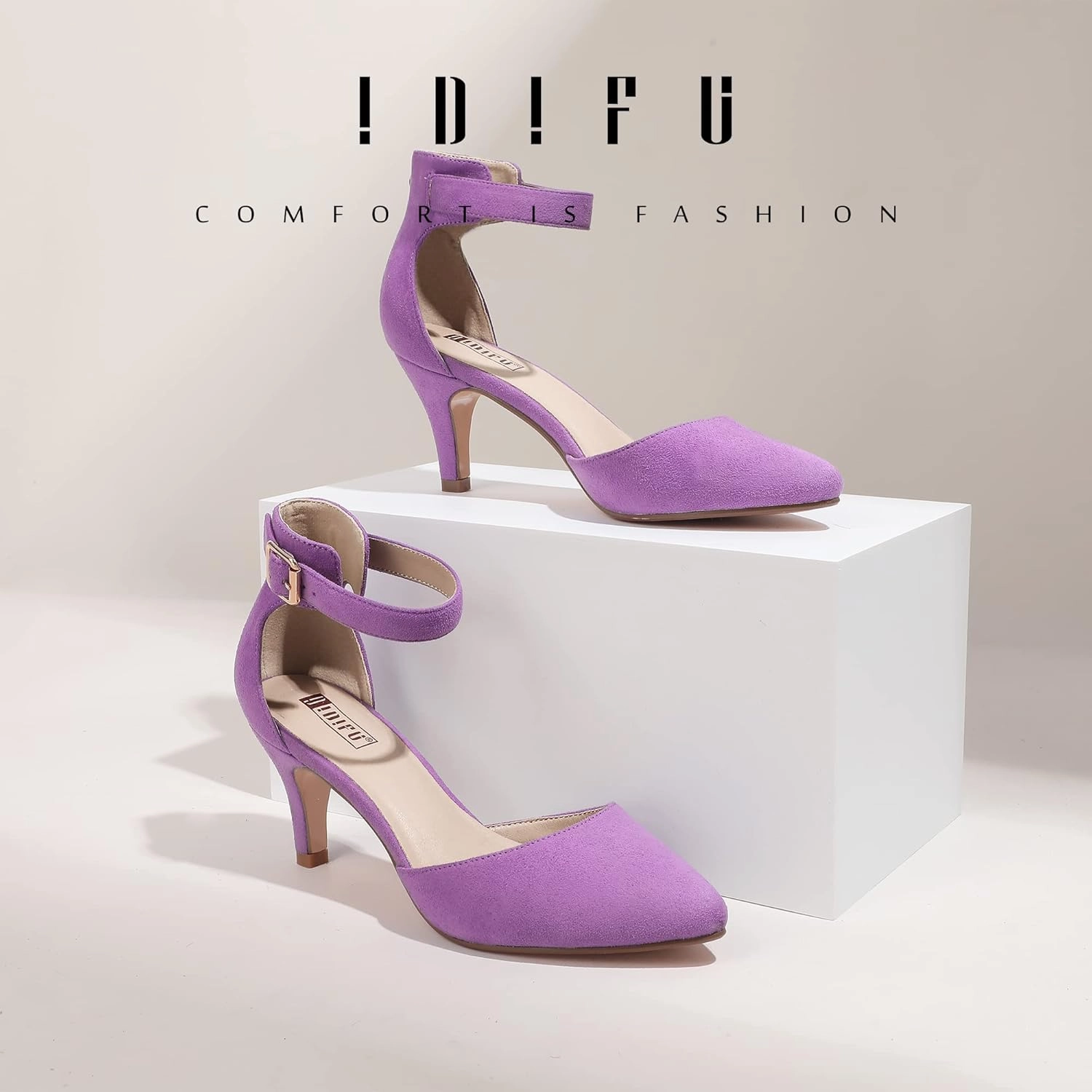 IDIFU Women's IN3 D'Orsay Pumps Low Kitten Heels for Women Dress Shoes Pointed Closed Toe Wedding Bride Ankle Strap Dressy Silver Black Nude White Gold Heels for Women