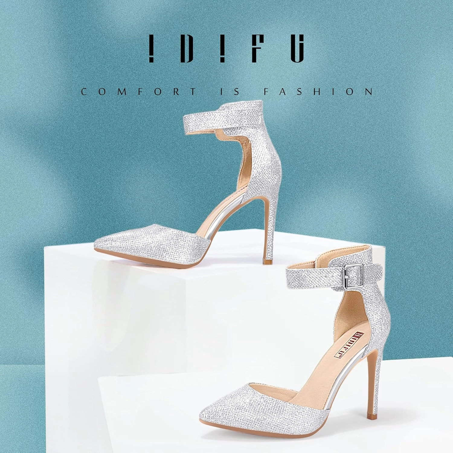 IDIFU Women's IN4 Pedazo High Block Heels Pumps Pointed Closed Toe Ankle Strap Dress Wedding Shoes