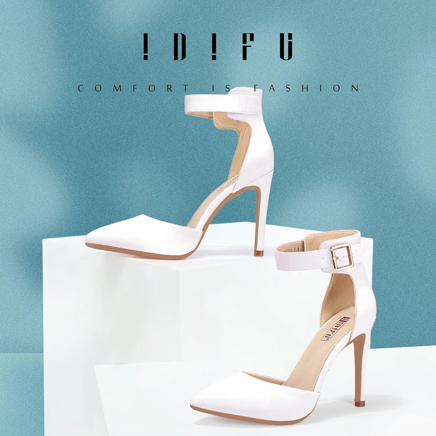 IDIFU Women's IN4 Pedazo High Block Heels Pumps Pointed Closed Toe Ankle Strap Dress Wedding Shoes