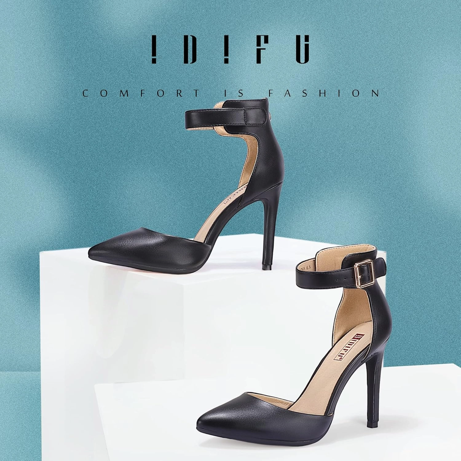 IDIFU Women's IN4 Pedazo High Block Heels Pumps Pointed Closed Toe Ankle Strap Dress Wedding Shoes