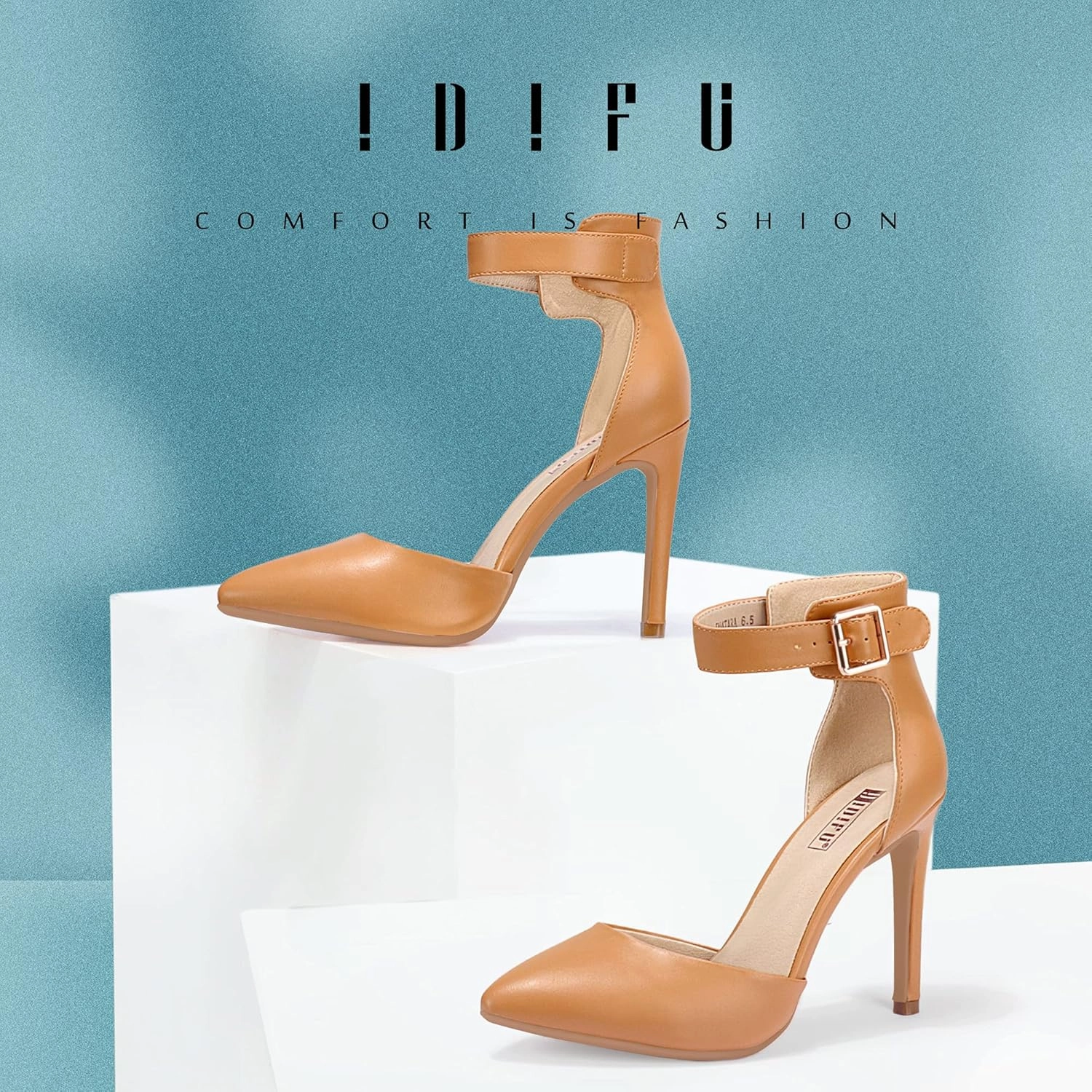 IDIFU Women's IN4 Pedazo High Block Heels Pumps Pointed Closed Toe Ankle Strap Dress Wedding Shoes