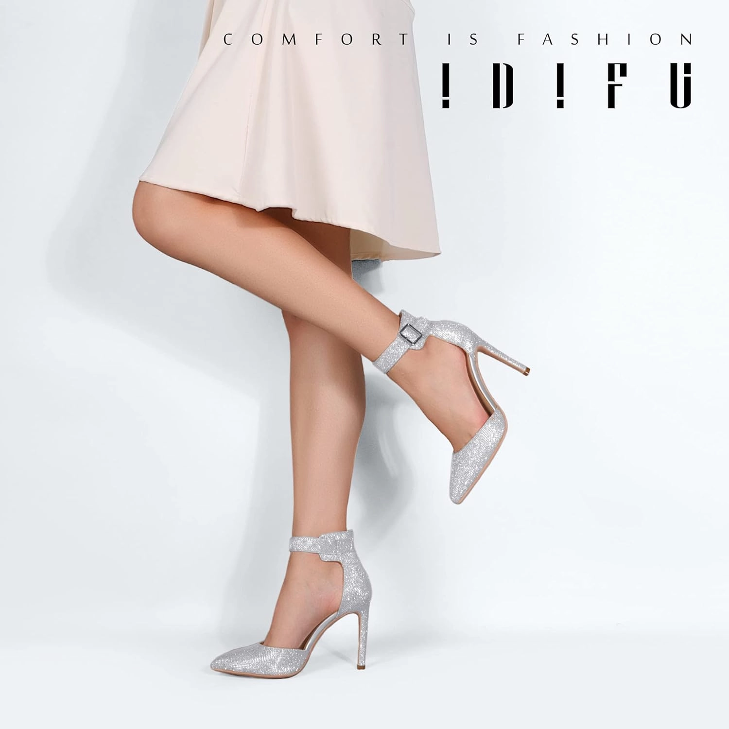 IDIFU Women's IN4 Pedazo High Block Heels Pumps Pointed Closed Toe Ankle Strap Dress Wedding Shoes
