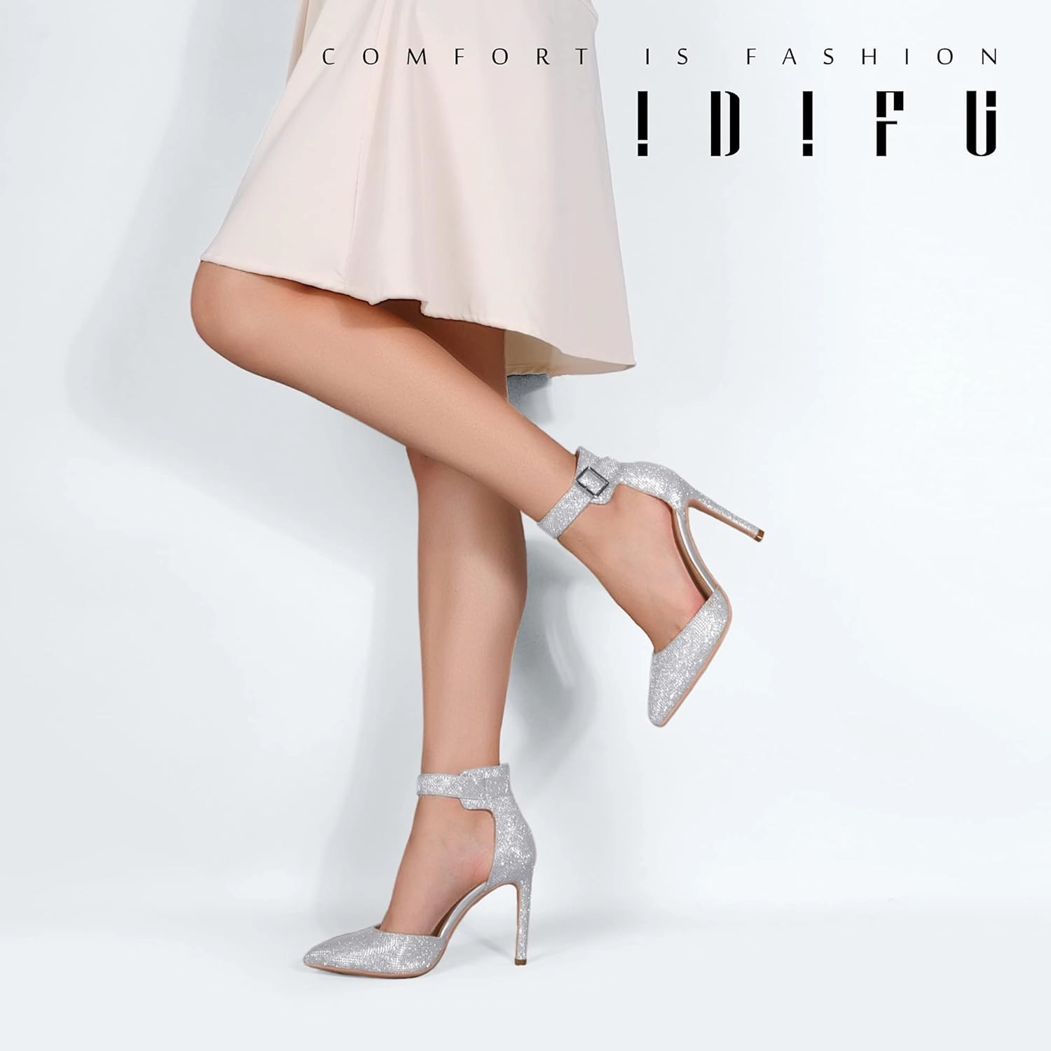 IDIFU Women's IN4 Pedazo High Block Heels Pumps Pointed Closed Toe Ankle Strap Dress Wedding Shoes