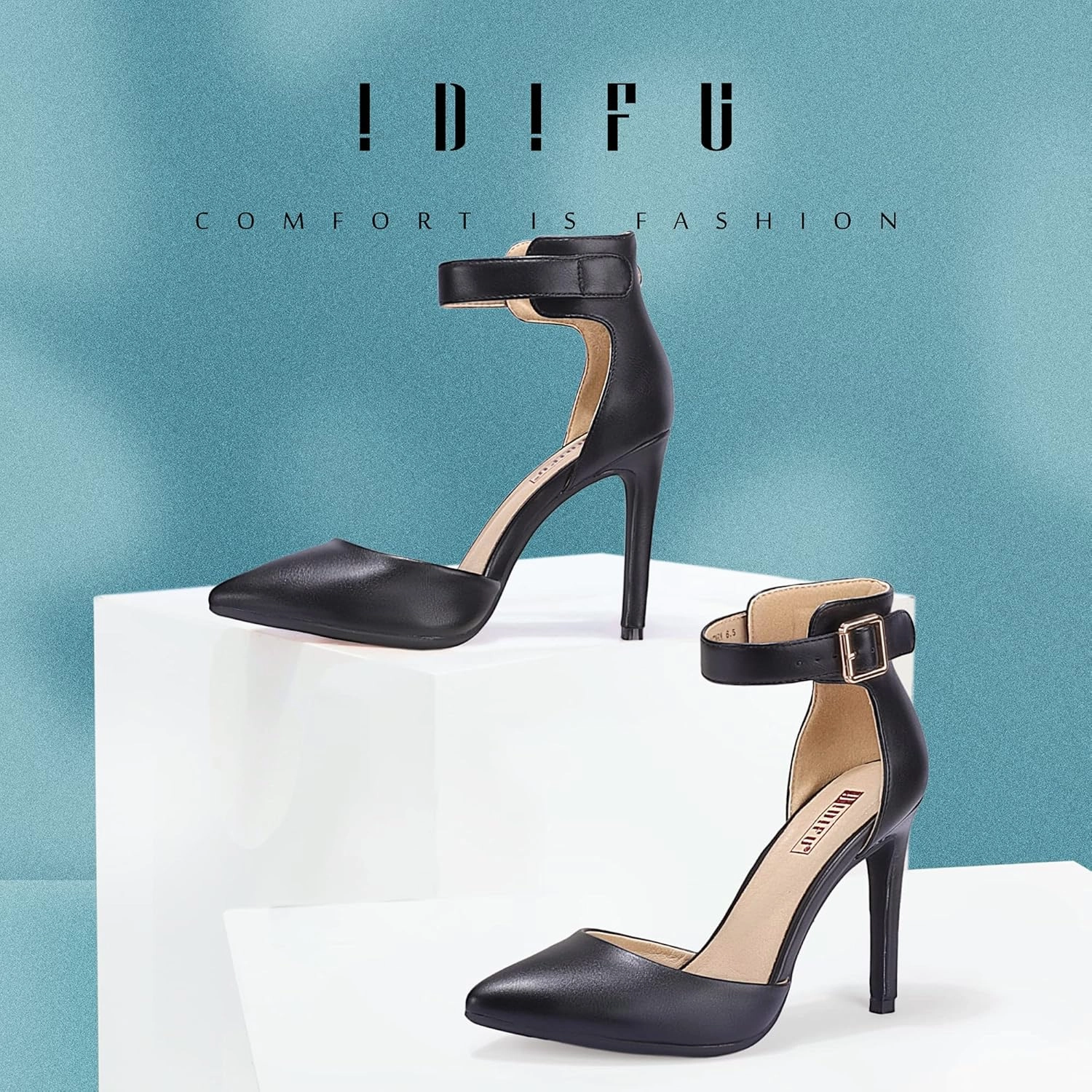 IDIFU Women's IN4 Pedazo High Block Heels Pumps Pointed Closed Toe Ankle Strap Dress Wedding Shoes