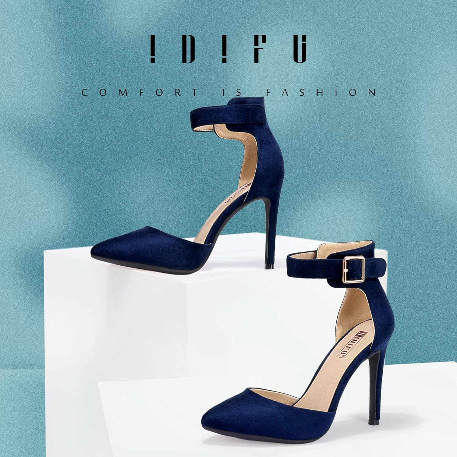 IDIFU Women's IN4 Pedazo High Block Heels Pumps Pointed Closed Toe Ankle Strap Dress Wedding Shoes