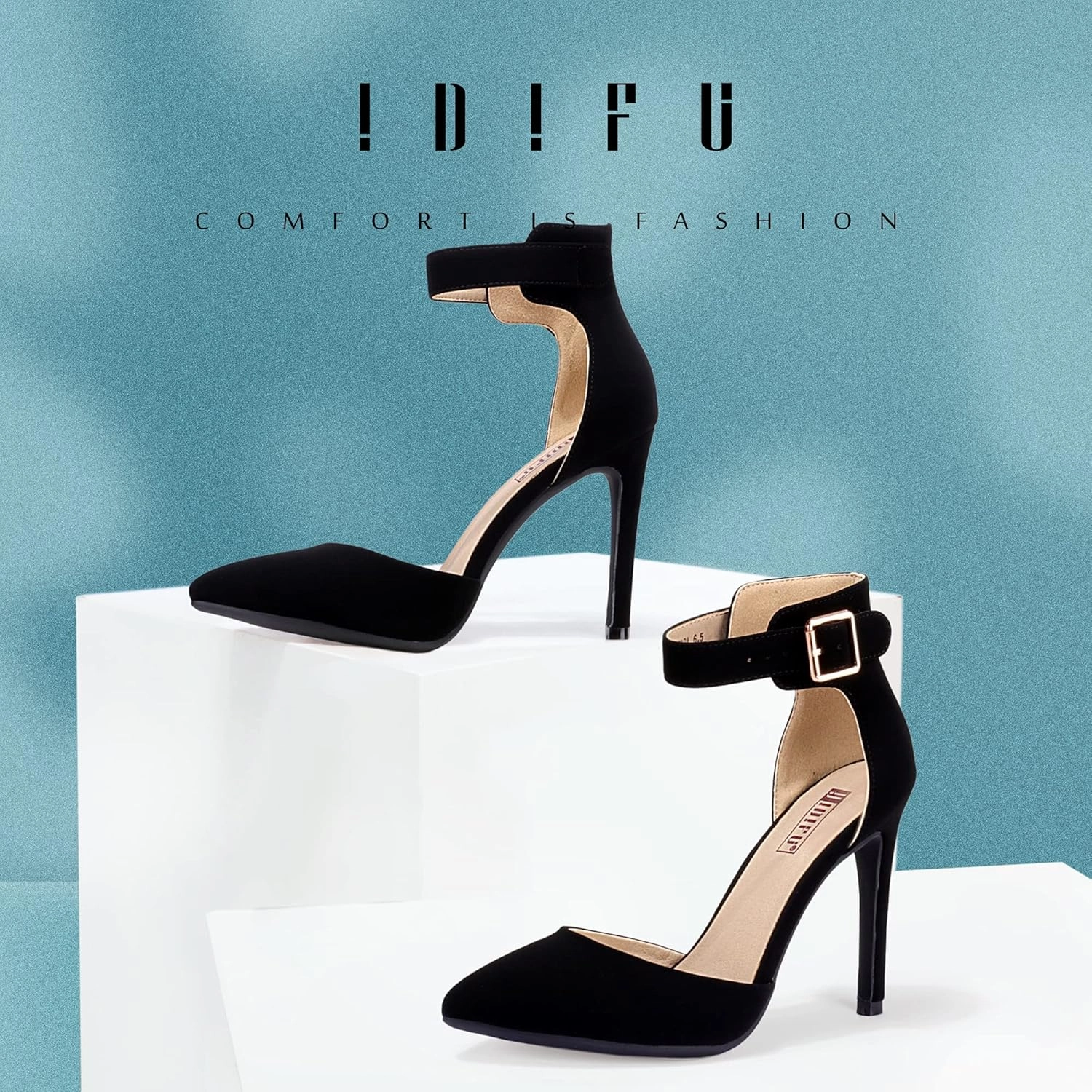 IDIFU Women's IN4 Pedazo High Block Heels Pumps Pointed Closed Toe Ankle Strap Dress Wedding Shoes