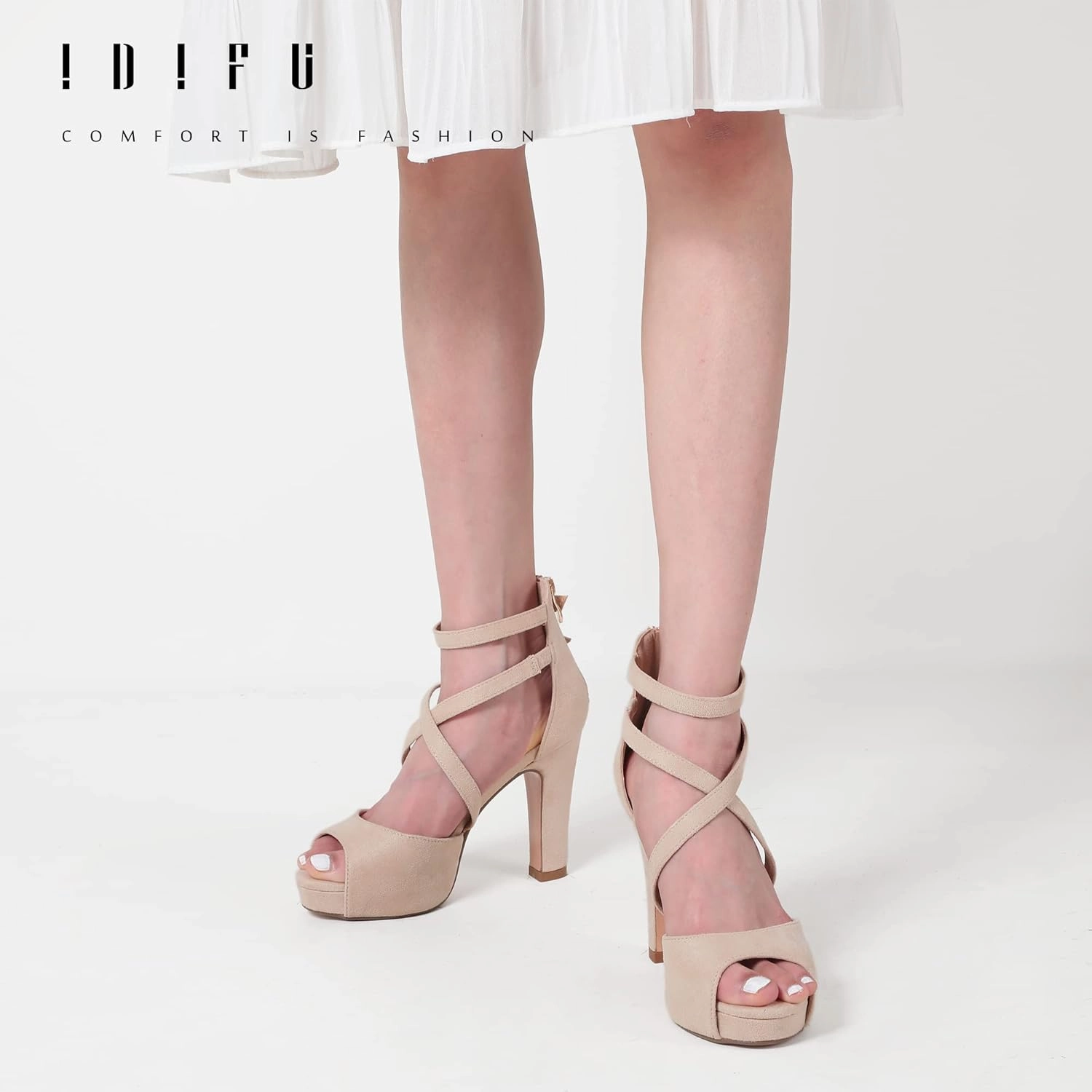 IDIFU Women's IN4 Platform Heels Strappy Chunky Heels For Women Dressy Peep Toe High Heels For Women Bridal Wedding Shoes For Bride On Evening Prom