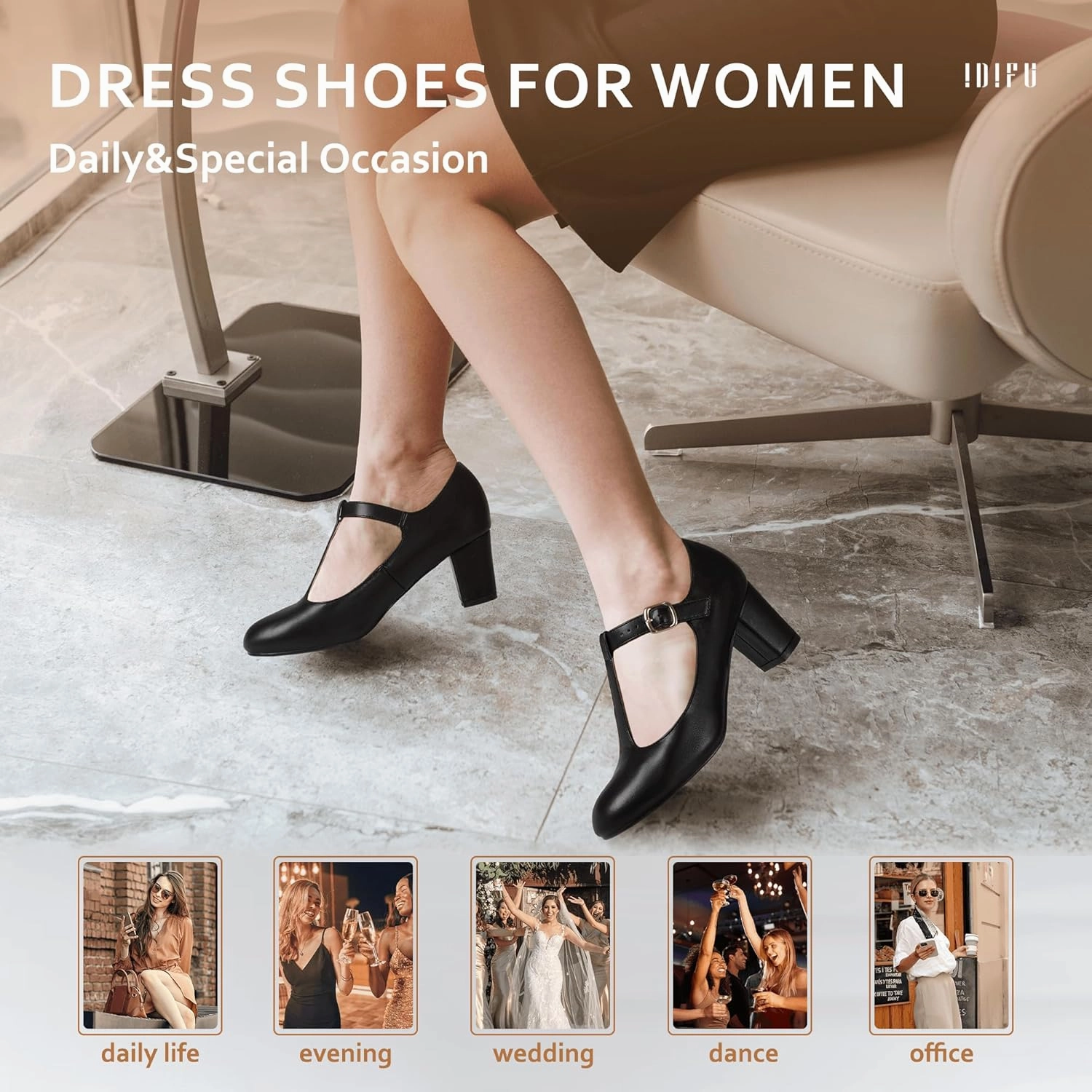 IDIFU Women's Pumps Dress Shoes for Women Mary Jane Low Chunky Closed Toe T-Strap Womens Dress Shoes Wedding Shoes for Bride Black Nude Silver Heels for Women