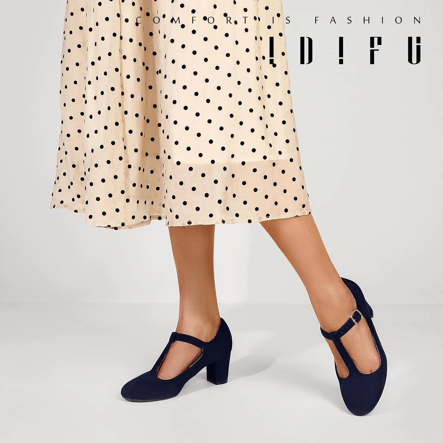 IDIFU Women's Pumps Dress Shoes for Women Mary Jane Low Chunky Closed Toe T-Strap Womens Dress Shoes Wedding Shoes for Bride Black Nude Silver Heels for Women