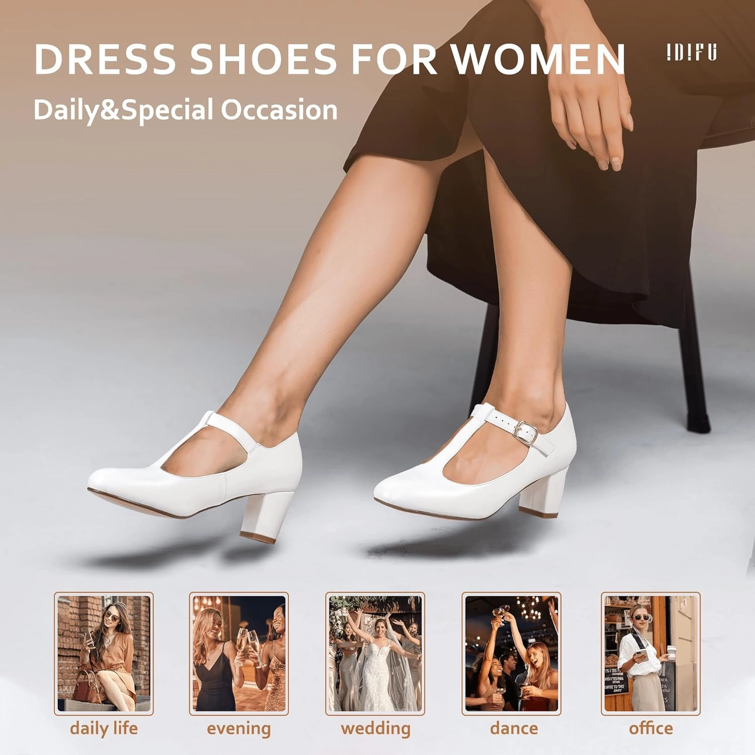 IDIFU Women's Pumps Dress Shoes for Women Mary Jane Low Chunky Closed Toe T-Strap Womens Dress Shoes Wedding Shoes for Bride Black Nude Silver Heels for Women