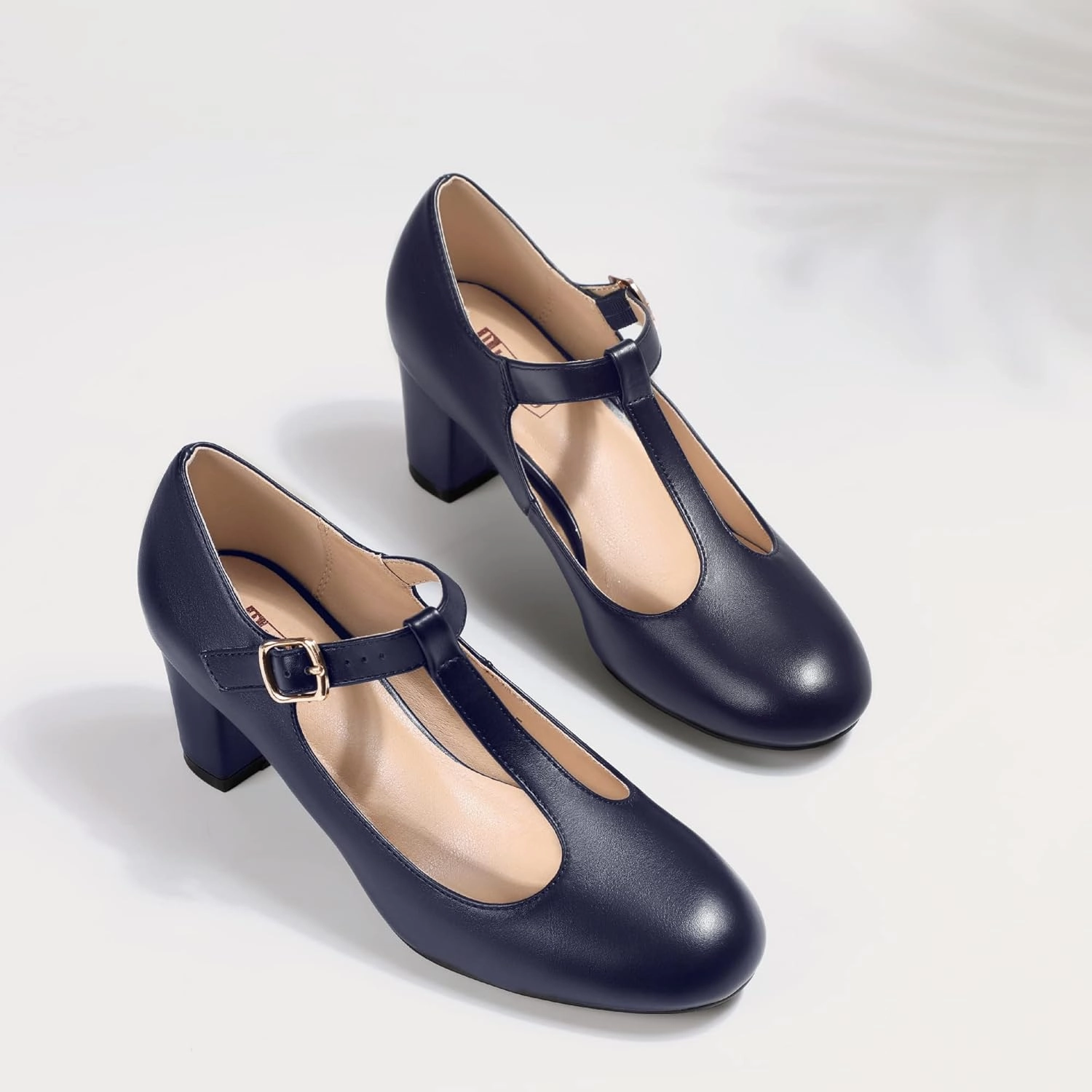 IDIFU Women's Pumps Dress Shoes for Women Mary Jane Low Chunky Closed Toe T-Strap Womens Dress Shoes Wedding Shoes for Bride Black Nude Silver Heels for Women