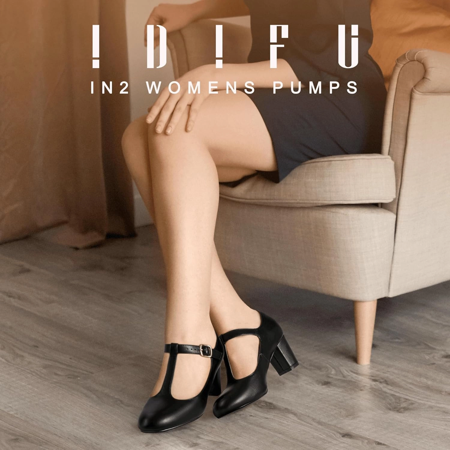 IDIFU Women's Pumps Dress Shoes for Women Mary Jane Low Chunky Closed Toe T-Strap Womens Dress Shoes Wedding Shoes for Bride Black Nude Silver Heels for Women