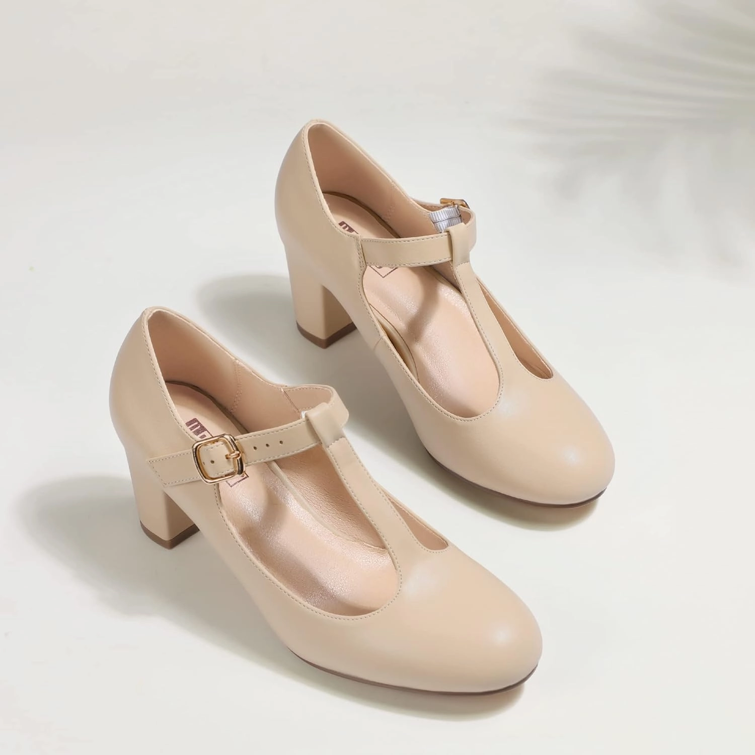 IDIFU Women's Pumps Dress Shoes for Women Mary Jane Low Chunky Closed Toe T-Strap Womens Dress Shoes Wedding Shoes for Bride Black Nude Silver Heels for Women