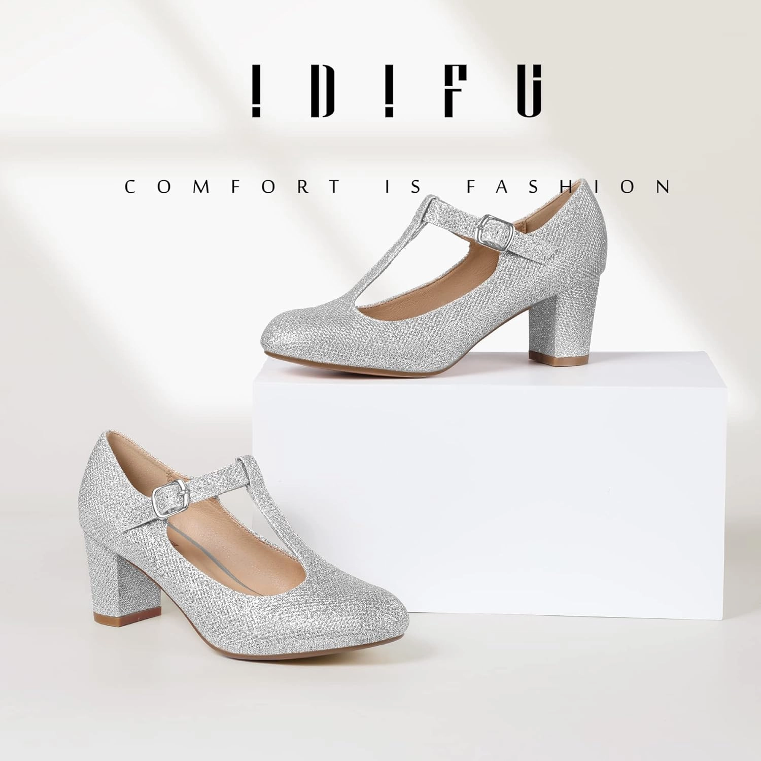 IDIFU Women's Pumps Dress Shoes for Women Mary Jane Low Chunky Closed Toe T-Strap Womens Dress Shoes Wedding Shoes for Bride Black Nude Silver Heels for Women