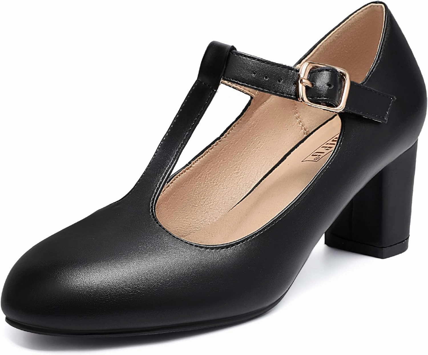IDIFU Women's Pumps Dress Shoes for Women Mary Jane Low Chunky Closed Toe T-Strap Womens Dress Shoes Wedding Shoes for Bride Black Nude Silver Heels for Women