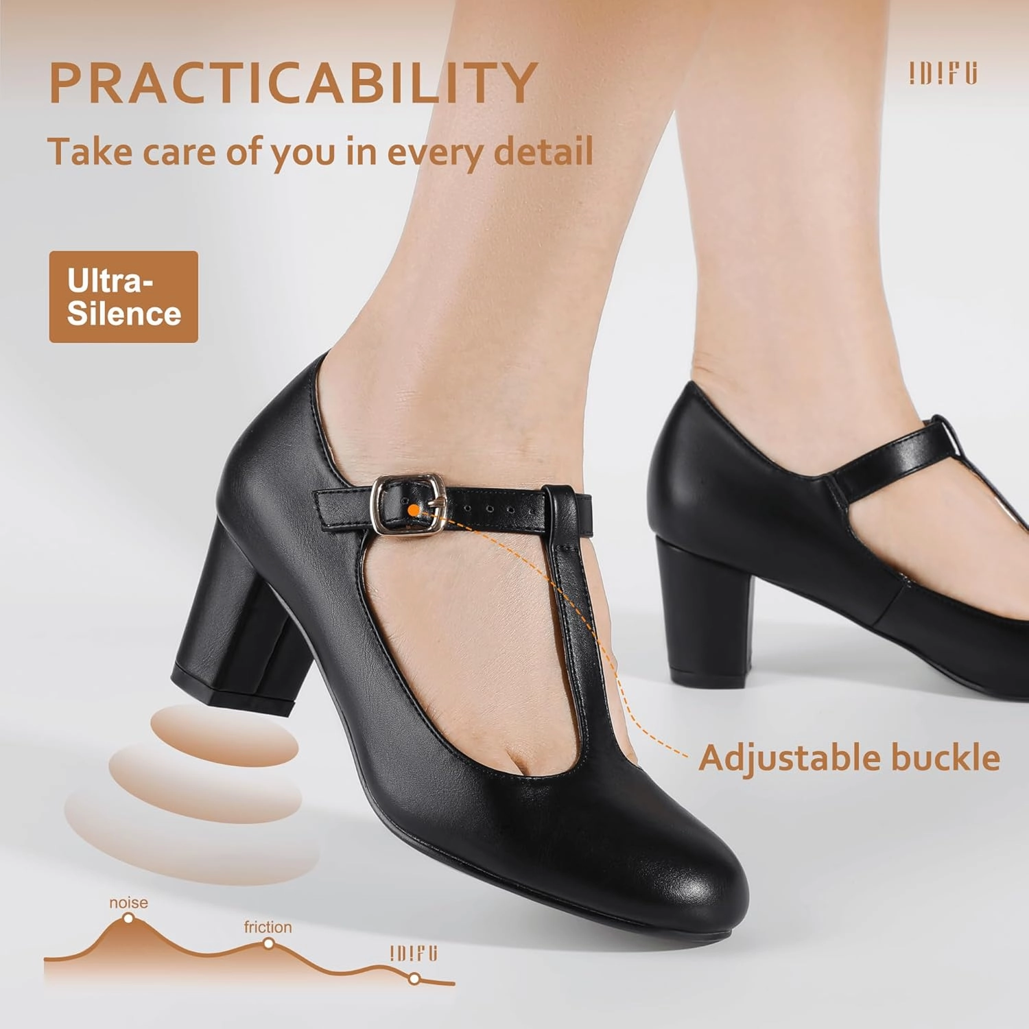 IDIFU Women's Pumps Dress Shoes for Women Mary Jane Low Chunky Closed Toe T-Strap Womens Dress Shoes Wedding Shoes for Bride Black Nude Silver Heels for Women