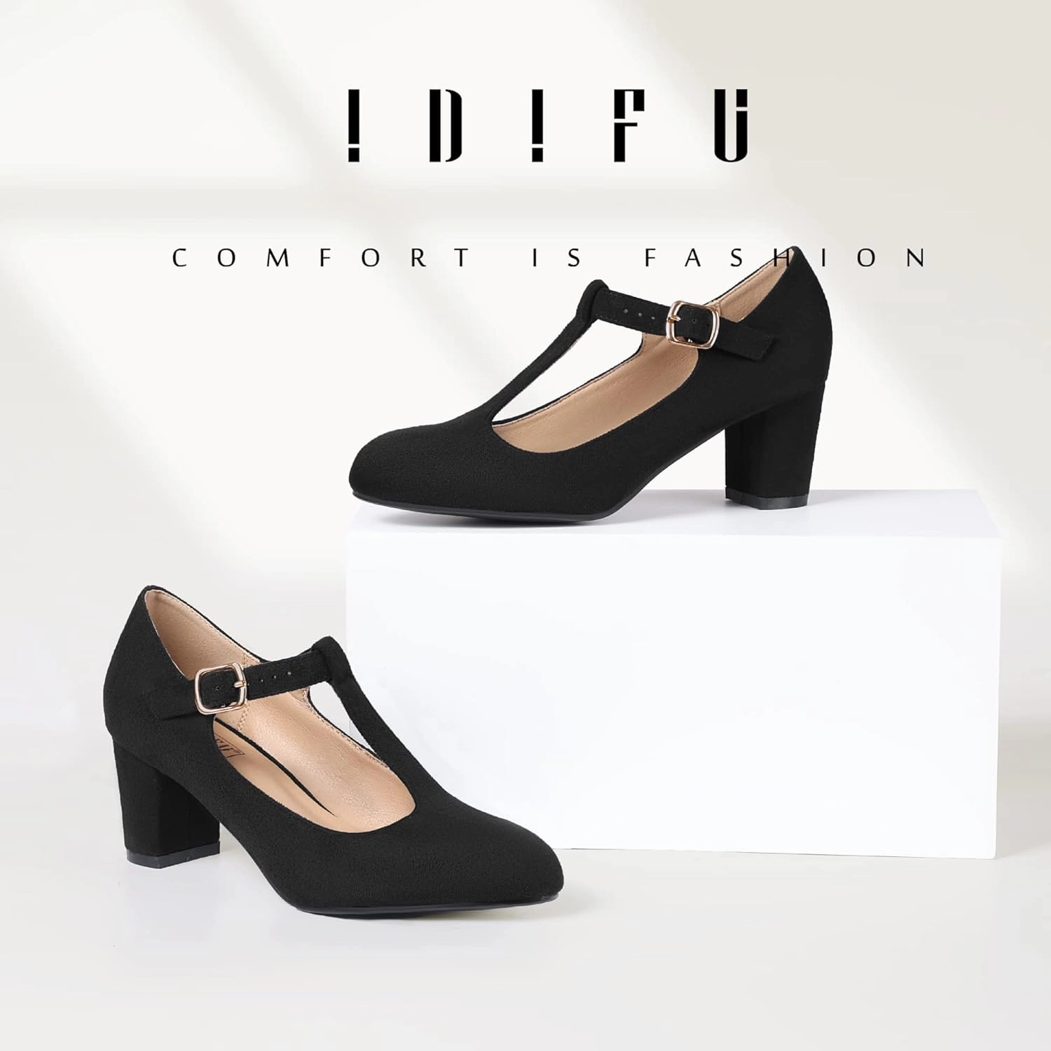 IDIFU Women's Pumps Dress Shoes for Women Mary Jane Low Chunky Closed Toe T-Strap Womens Dress Shoes Wedding Shoes for Bride Black Nude Silver Heels for Women