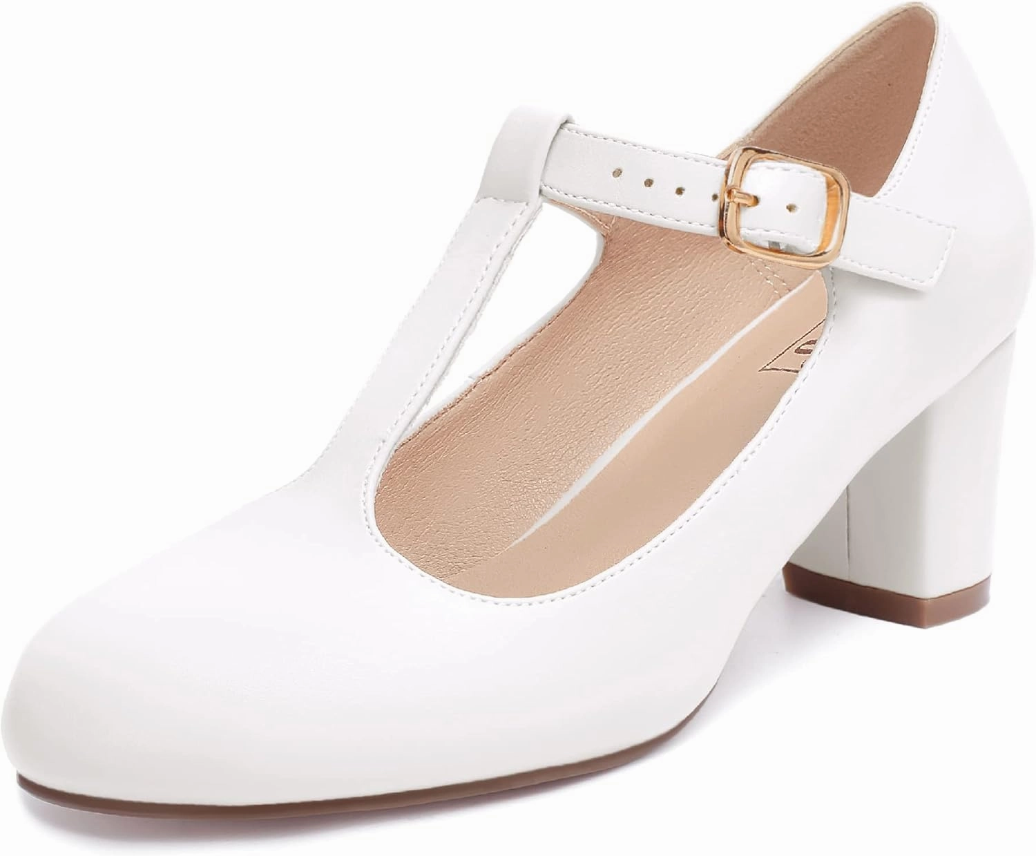 IDIFU Women's Pumps Dress Shoes for Women Mary Jane Low Chunky Closed Toe T-Strap Womens Dress Shoes Wedding Shoes for Bride Black Nude Silver Heels for Women