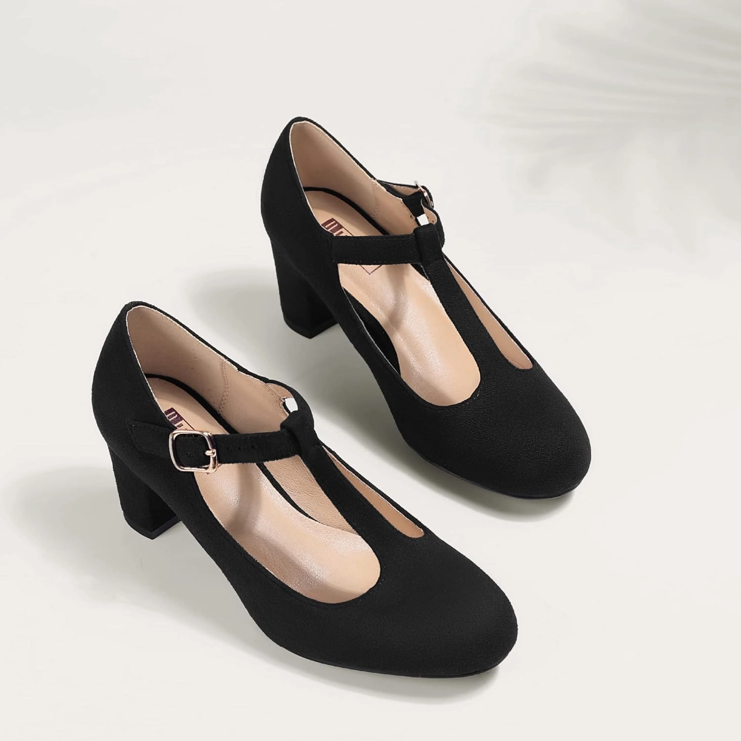 IDIFU Women's Pumps Dress Shoes for Women Mary Jane Low Chunky Closed Toe T-Strap Womens Dress Shoes Wedding Shoes for Bride Black Nude Silver Heels for Women