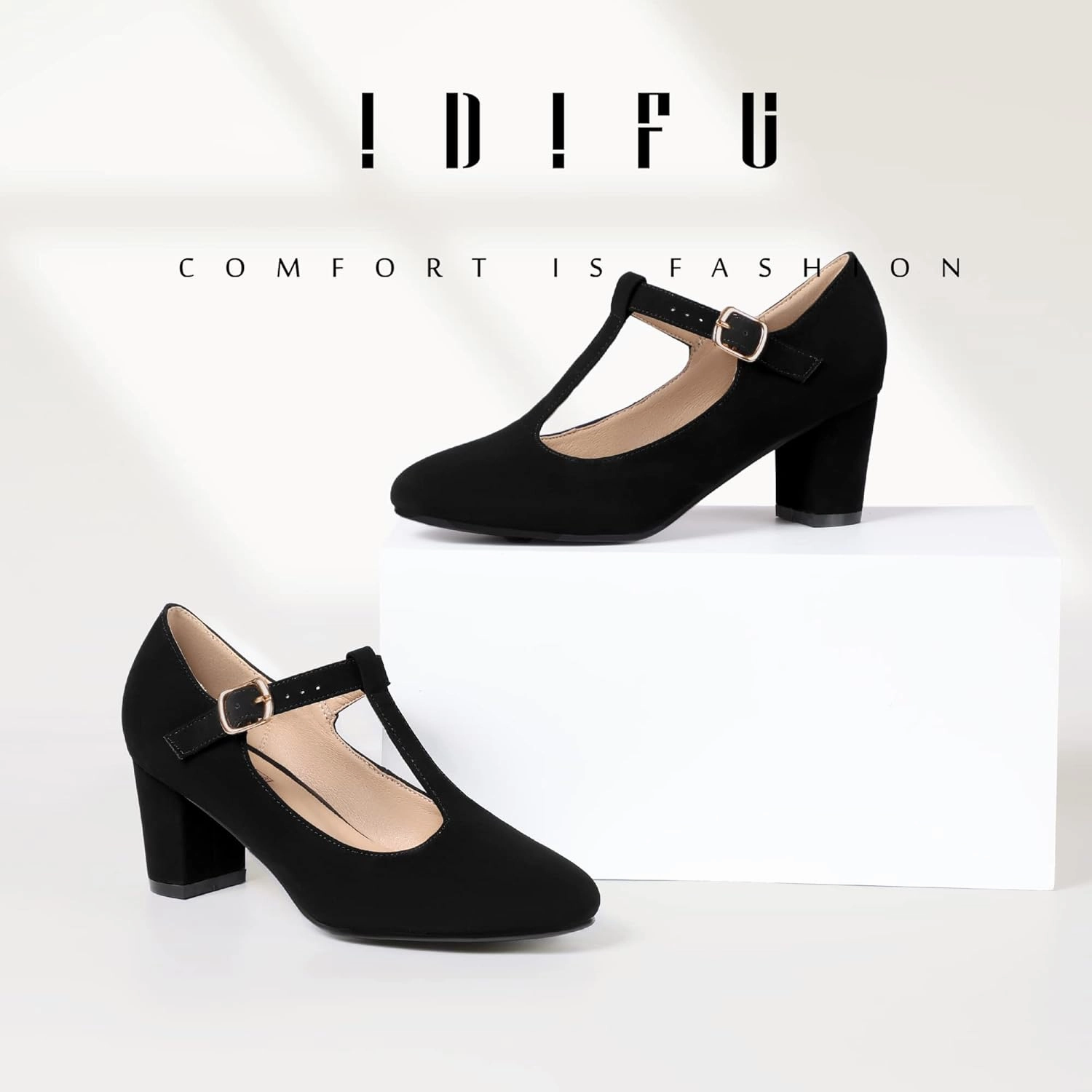 IDIFU Women's Pumps Dress Shoes for Women Mary Jane Low Chunky Closed Toe T-Strap Womens Dress Shoes Wedding Shoes for Bride Black Nude Silver Heels for Women