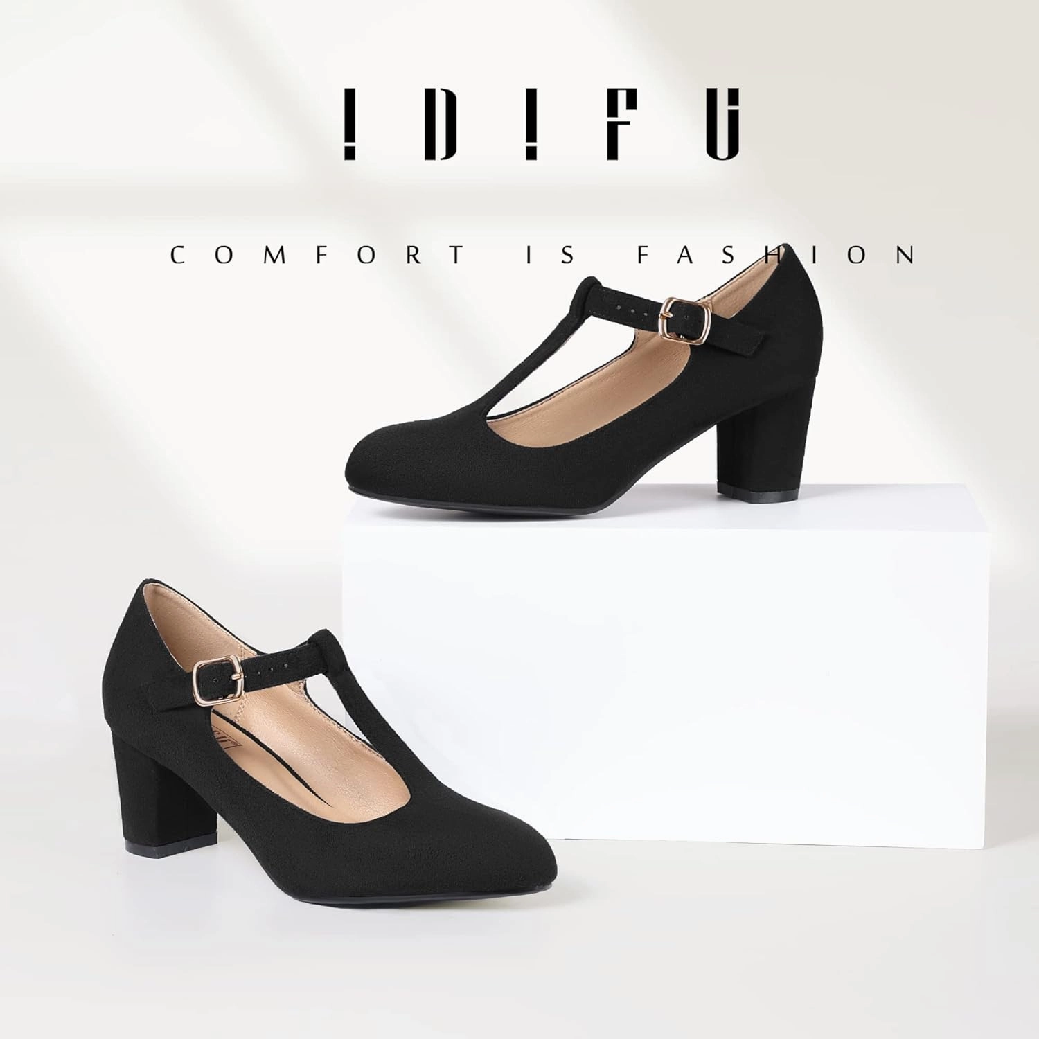 IDIFU Women's Pumps Dress Shoes for Women Mary Jane Low Chunky Closed Toe T-Strap Womens Dress Shoes Wedding Shoes for Bride Black Nude Silver Heels for Women