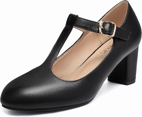IDIFU Women's Pumps Dress Shoes for Women Mary Jane Low Chunky Closed Toe T-Strap Womens Dress Shoes Wedding Shoes for Bride Black Nude Silver Heels for Women