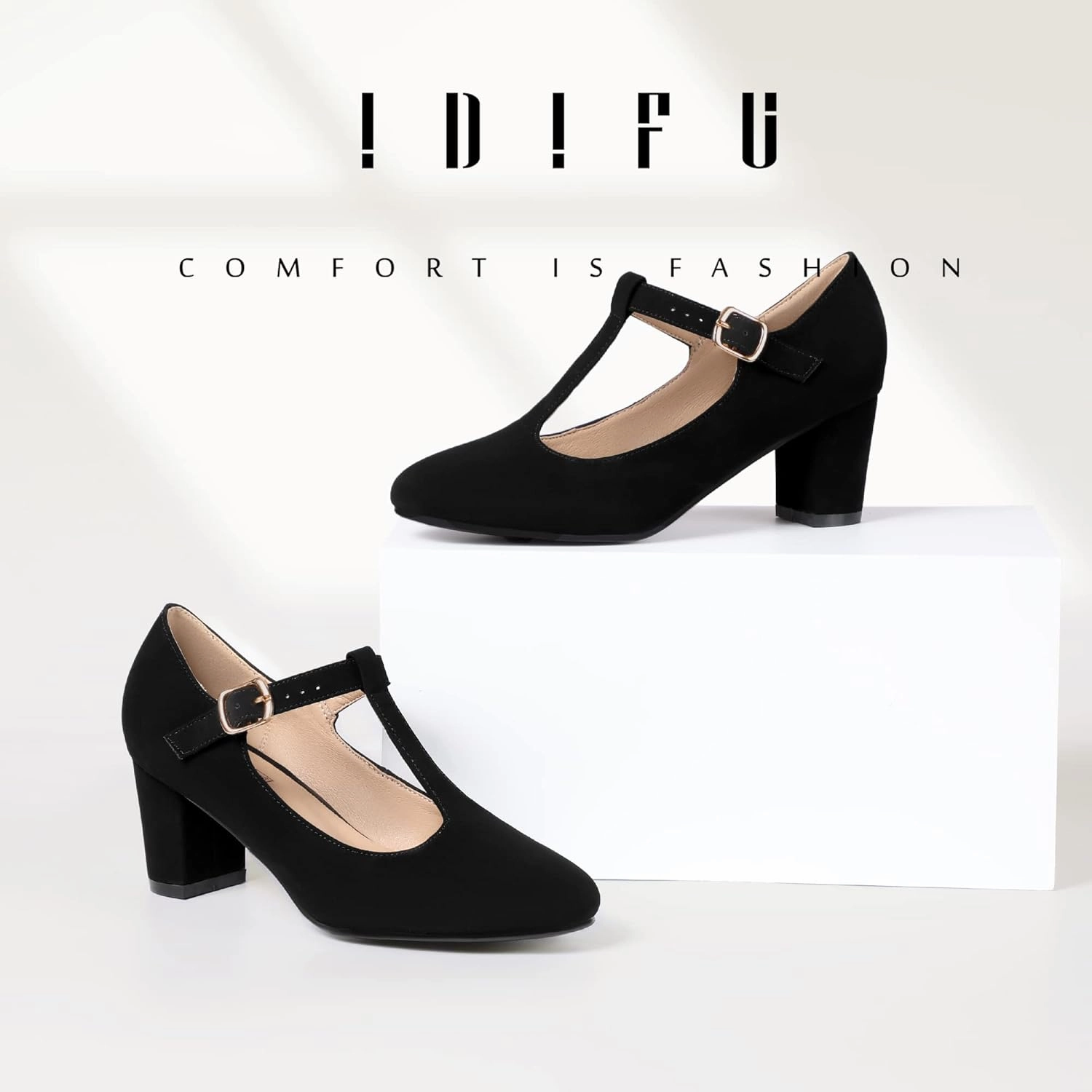 IDIFU Women's Pumps Dress Shoes for Women Mary Jane Low Chunky Closed Toe T-Strap Womens Dress Shoes Wedding Shoes for Bride Black Nude Silver Heels for Women
