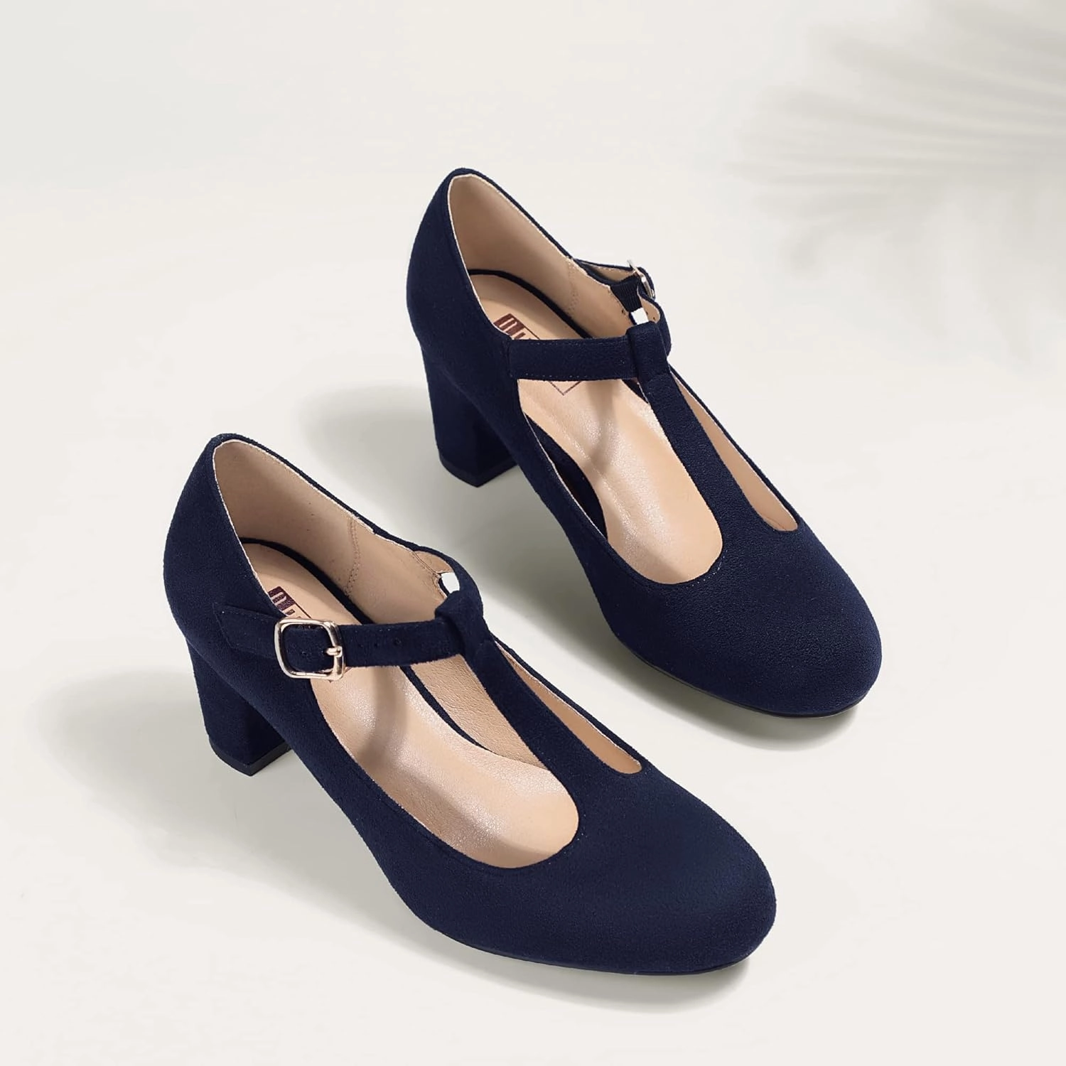 IDIFU Women's Pumps Dress Shoes for Women Mary Jane Low Chunky Closed Toe T-Strap Womens Dress Shoes Wedding Shoes for Bride Black Nude Silver Heels for Women