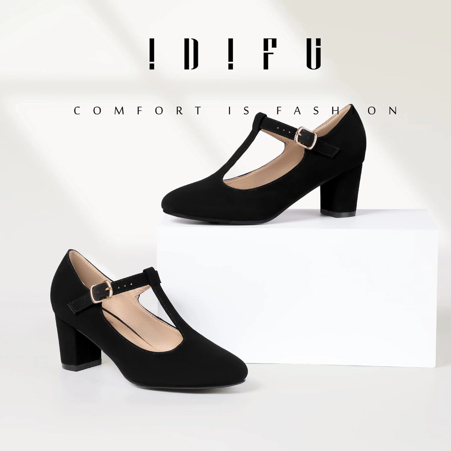 IDIFU Women's Pumps Dress Shoes for Women Mary Jane Low Chunky Closed Toe T-Strap Womens Dress Shoes Wedding Shoes for Bride Black Nude Silver Heels for Women