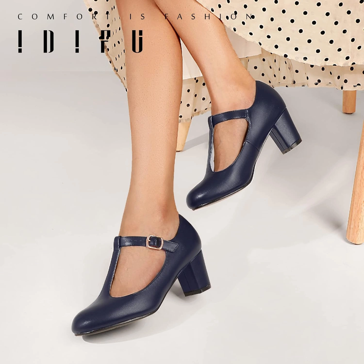 IDIFU Women's Pumps Dress Shoes for Women Mary Jane Low Chunky Closed Toe T-Strap Womens Dress Shoes Wedding Shoes for Bride Black Nude Silver Heels for Women
