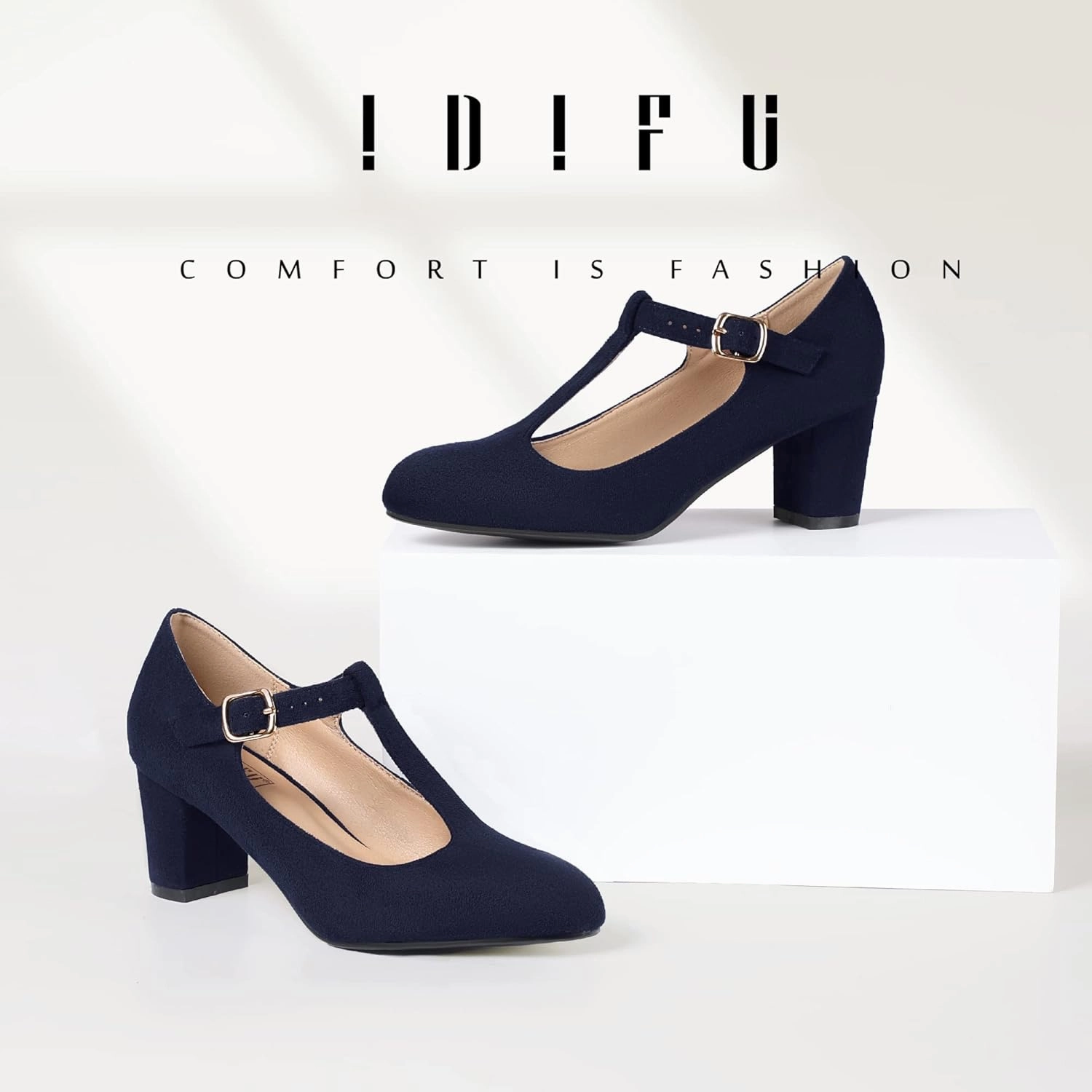 IDIFU Women's Pumps Dress Shoes for Women Mary Jane Low Chunky Closed Toe T-Strap Womens Dress Shoes Wedding Shoes for Bride Black Nude Silver Heels for Women