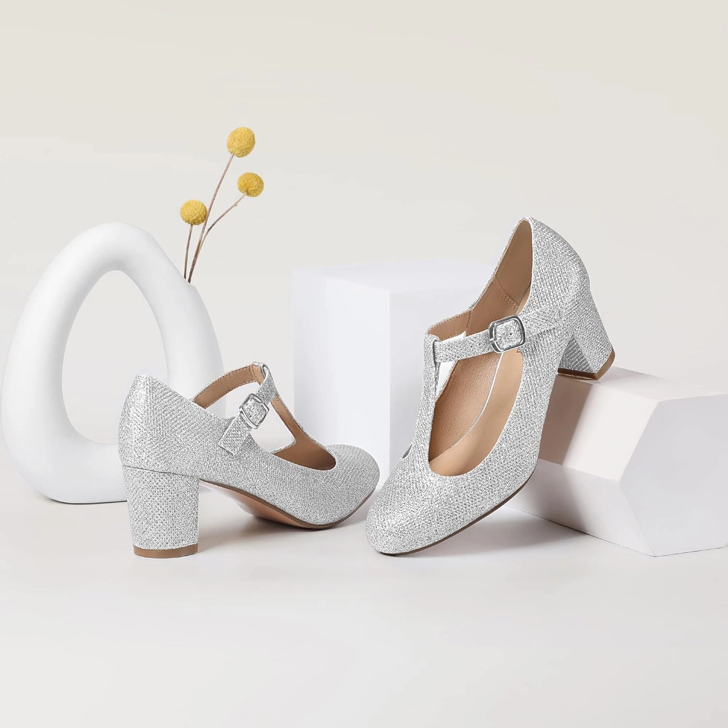 IDIFU Women's Pumps Dress Shoes for Women Mary Jane Low Chunky Closed Toe T-Strap Womens Dress Shoes Wedding Shoes for Bride Black Nude Silver Heels for Women