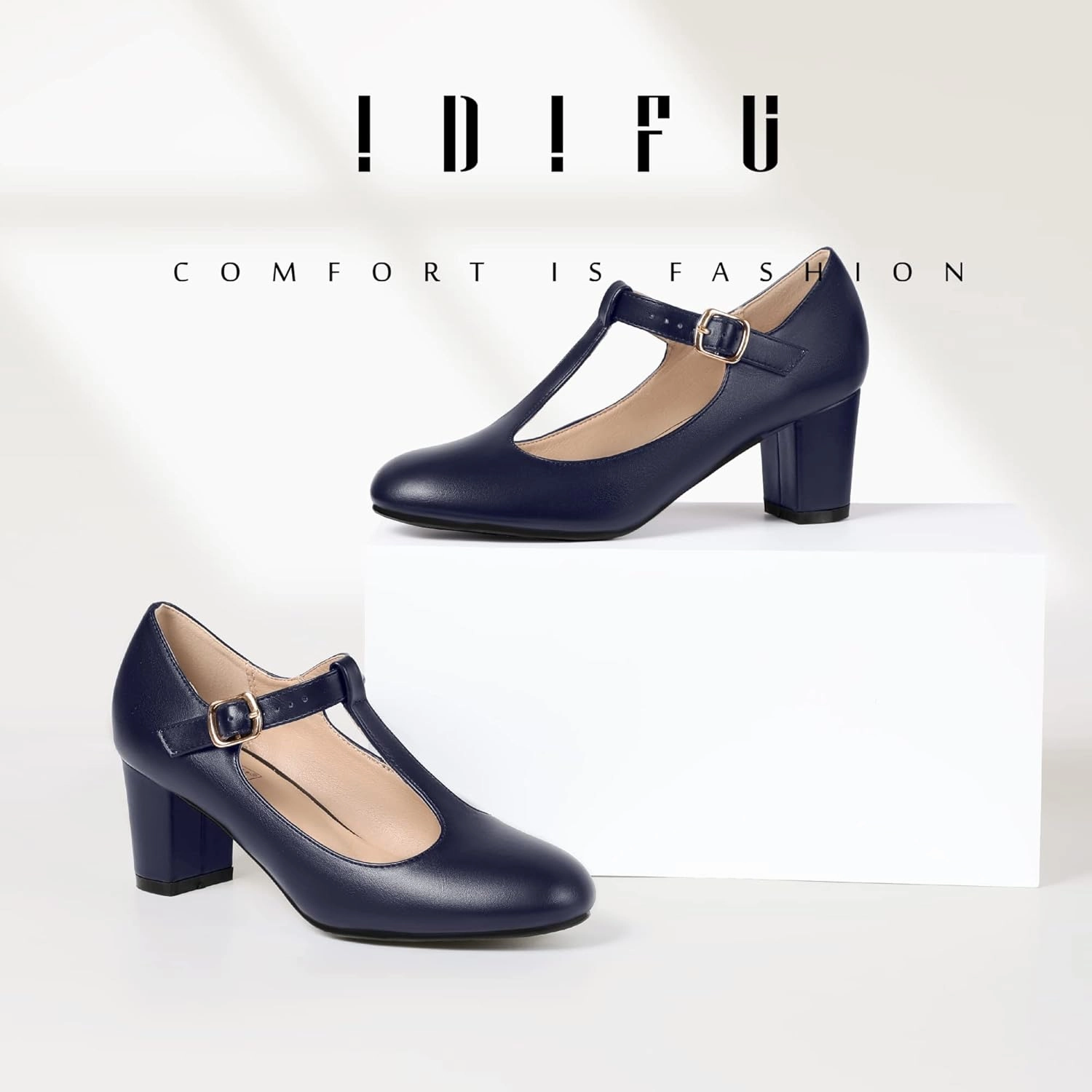 IDIFU Women's Pumps Dress Shoes for Women Mary Jane Low Chunky Closed Toe T-Strap Womens Dress Shoes Wedding Shoes for Bride Black Nude Silver Heels for Women