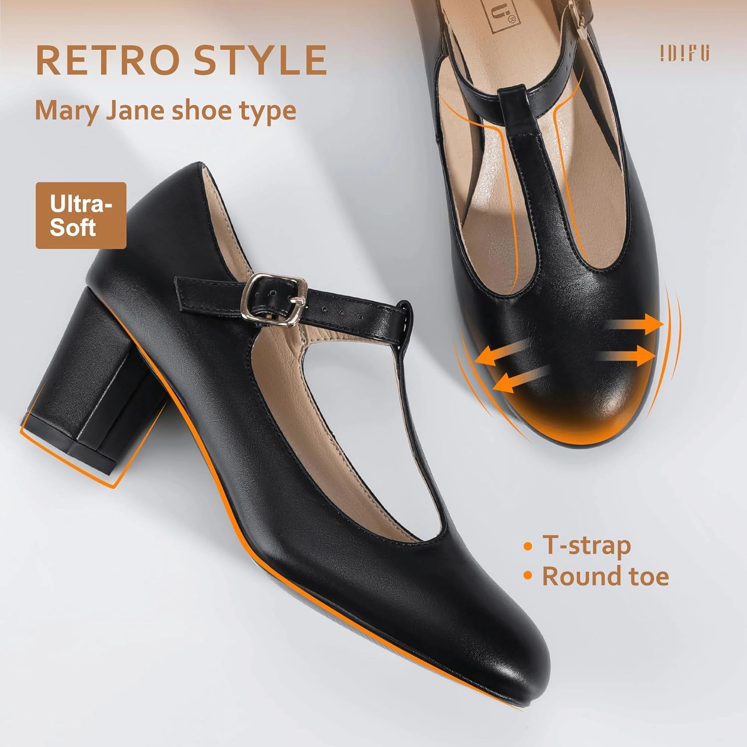 IDIFU Women's Pumps Dress Shoes for Women Mary Jane Low Chunky Closed Toe T-Strap Womens Dress Shoes Wedding Shoes for Bride Black Nude Silver Heels for Women