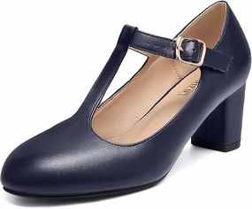IDIFU Women's Pumps Dress Shoes for Women Mary Jane Low Chunky Closed Toe T-Strap Womens Dress Shoes Wedding Shoes for Bride Black Nude Silver Heels for Women