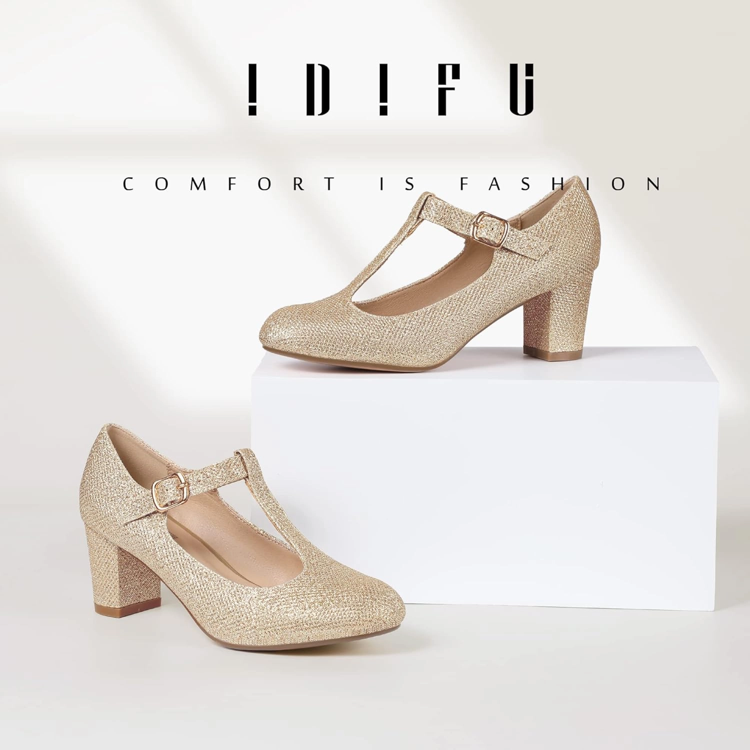 IDIFU Women's Pumps Dress Shoes for Women Mary Jane Low Chunky Closed Toe T-Strap Womens Dress Shoes Wedding Shoes for Bride Black Nude Silver Heels for Women