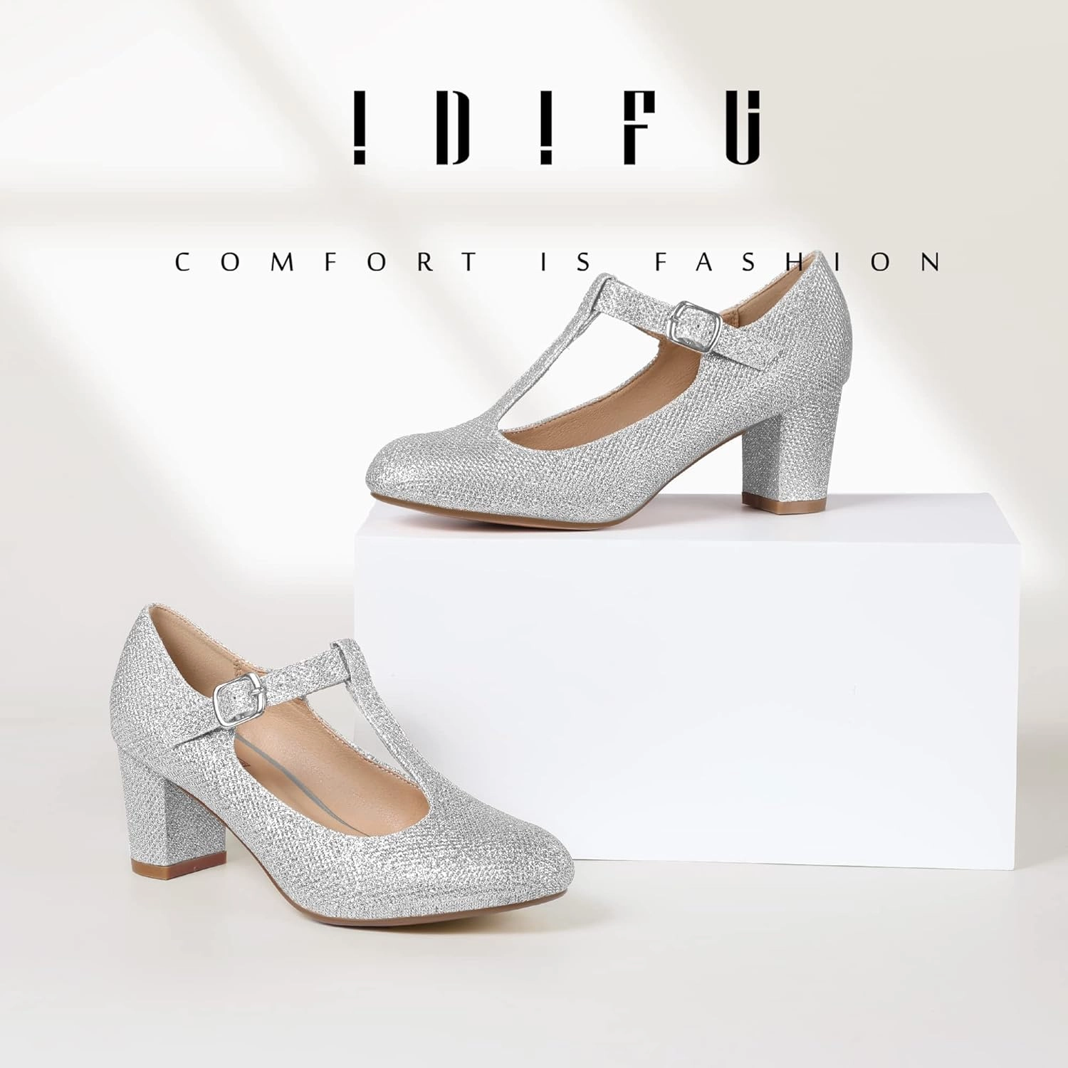 IDIFU Women's Pumps Dress Shoes for Women Mary Jane Low Chunky Closed Toe T-Strap Womens Dress Shoes Wedding Shoes for Bride Black Nude Silver Heels for Women