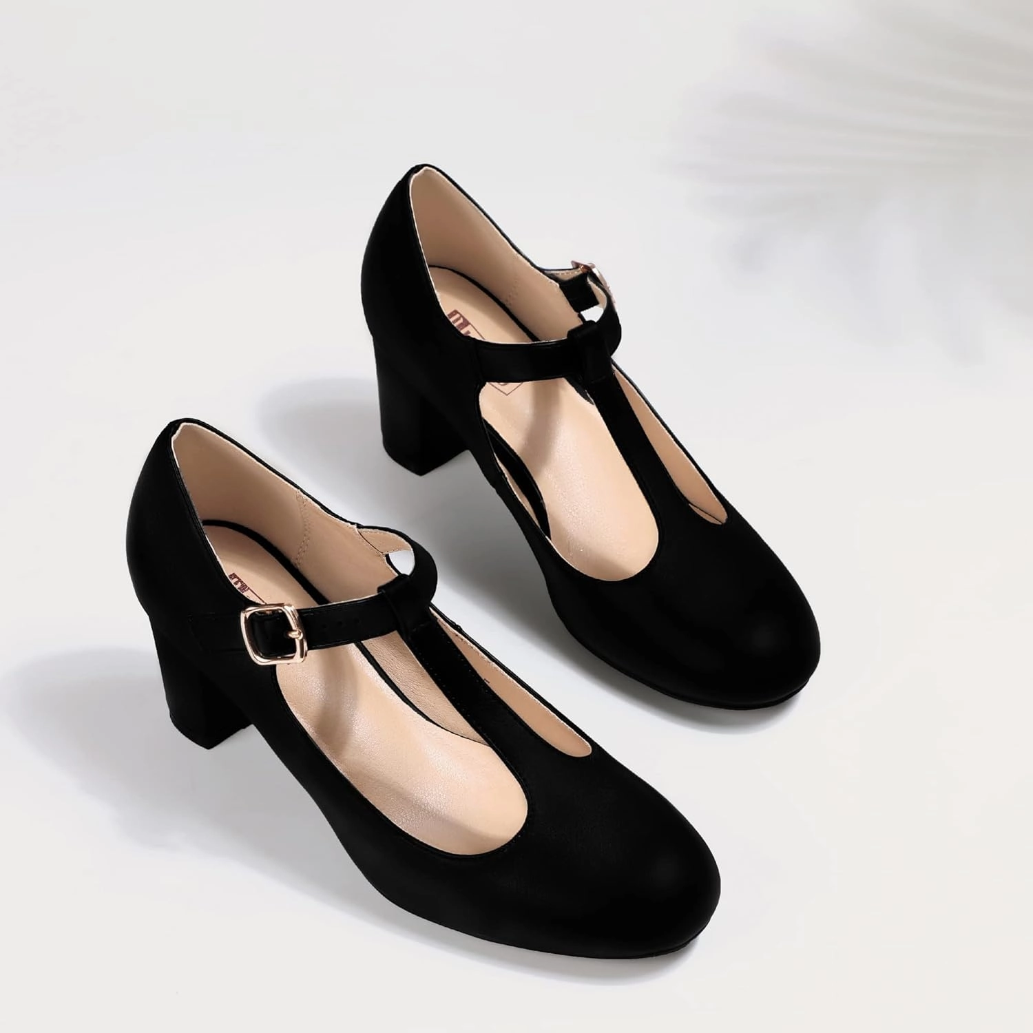 IDIFU Women's Pumps Dress Shoes for Women Mary Jane Low Chunky Closed Toe T-Strap Womens Dress Shoes Wedding Shoes for Bride Black Nude Silver Heels for Women