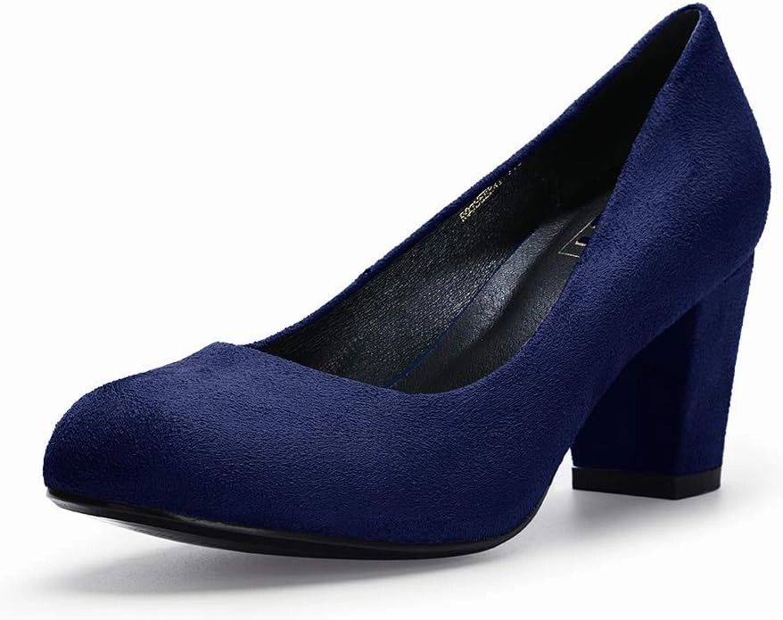 IDIFU Women's Sherry Dress Low Block Chunky Heels Pumps Closed Round Toe Shoes for Wedding Office Evening