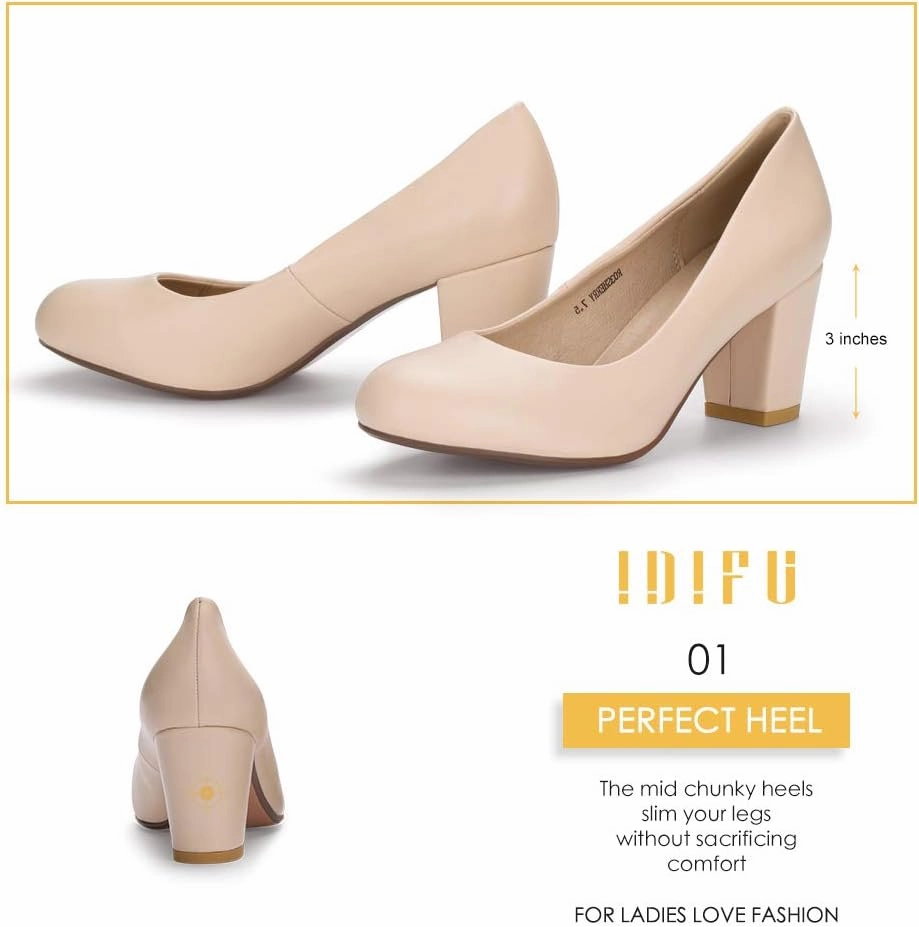 IDIFU Women's Sherry Dress Low Block Chunky Heels Pumps Closed Round Toe Shoes for Wedding Office Evening