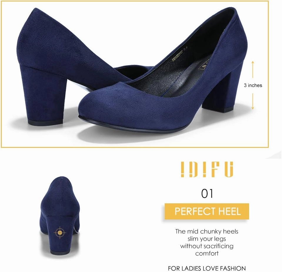 IDIFU Women's Sherry Dress Low Block Chunky Heels Pumps Closed Round Toe Shoes for Wedding Office Evening