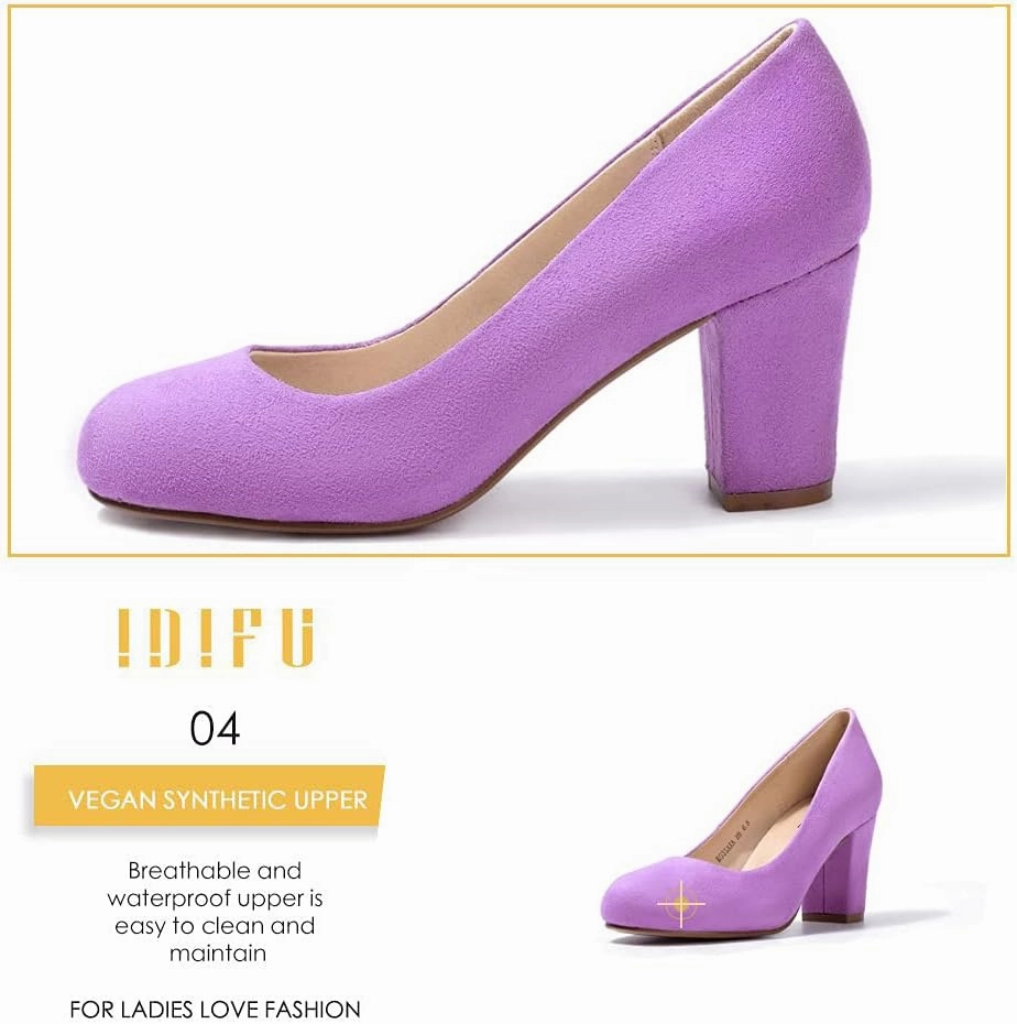IDIFU Women's Sherry Dress Low Block Chunky Heels Pumps Closed Round Toe Shoes for Wedding Office Evening