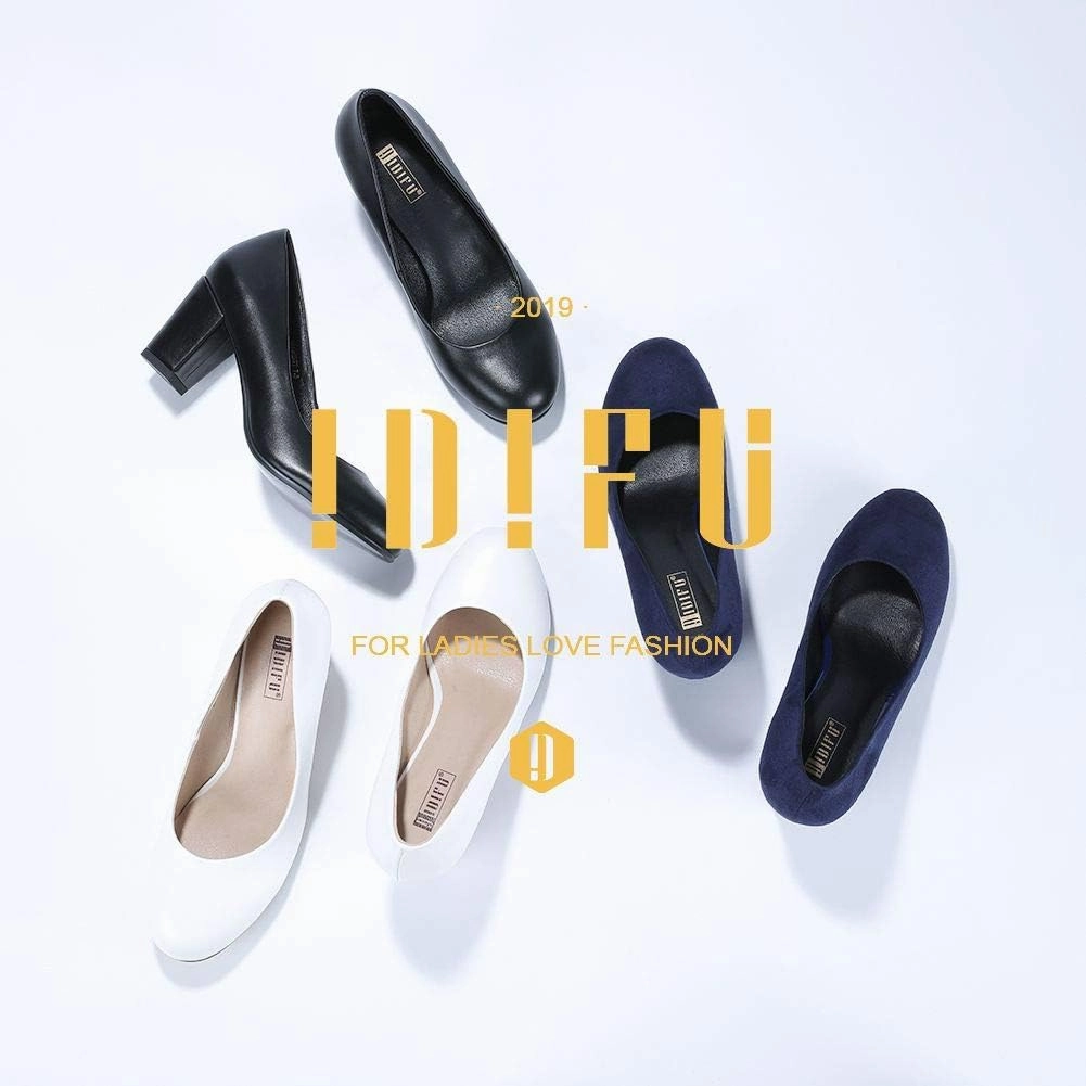 IDIFU Women's Sherry Dress Low Block Chunky Heels Pumps Closed Round Toe Shoes for Wedding Office Evening