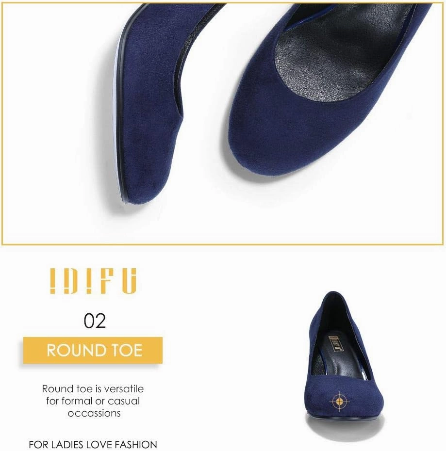 IDIFU Women's Sherry Dress Low Block Chunky Heels Pumps Closed Round Toe Shoes for Wedding Office Evening