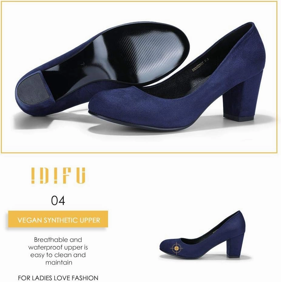 IDIFU Women's Sherry Dress Low Block Chunky Heels Pumps Closed Round Toe Shoes for Wedding Office Evening