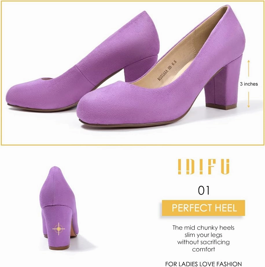 IDIFU Women's Sherry Dress Low Block Chunky Heels Pumps Closed Round Toe Shoes for Wedding Office Evening